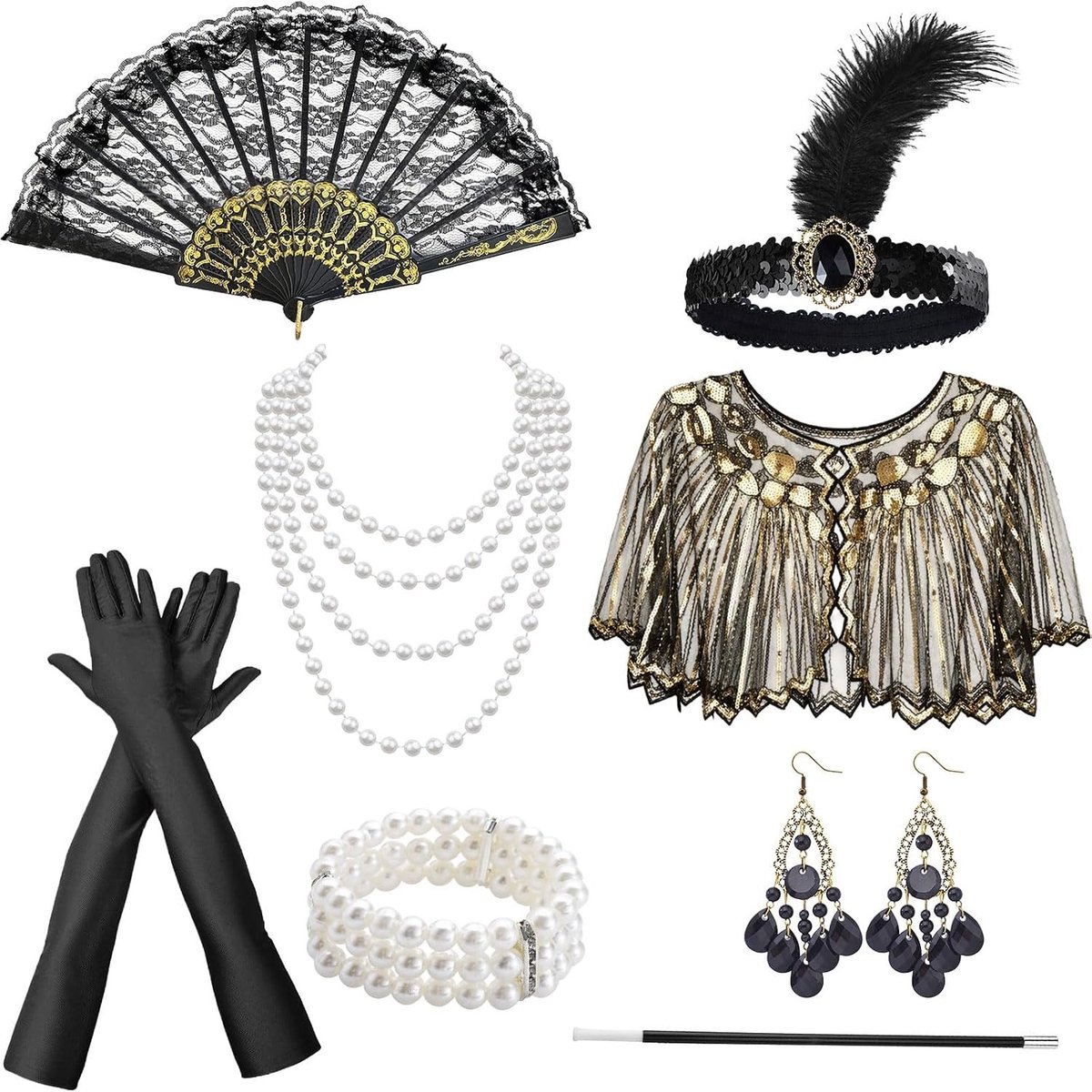 1920s Kostuum voor Vrouwen met Accessoires Set - Flapper Hoofdband, Handschoenen, Parelsnoer en Oorbellen voor Carnaval en Feestjes