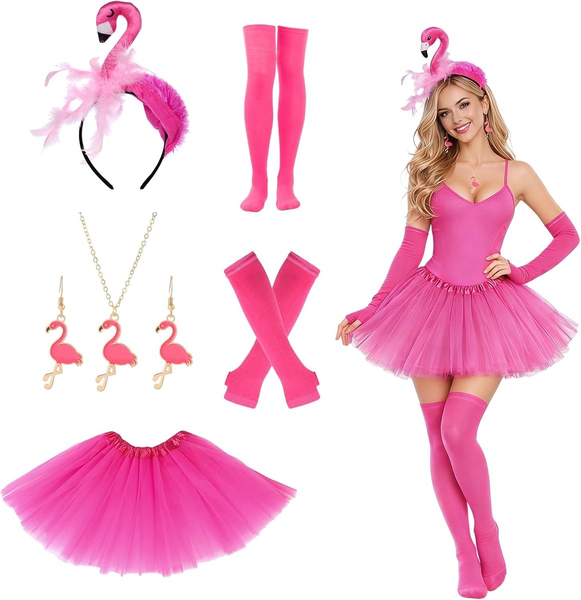 Carnaval Kostuum voor Dames, 6-delig Set met Roze Tule Rok, Flamingo Haarband, Sieraden en Accessoires voor Feest en Hawaii Thema