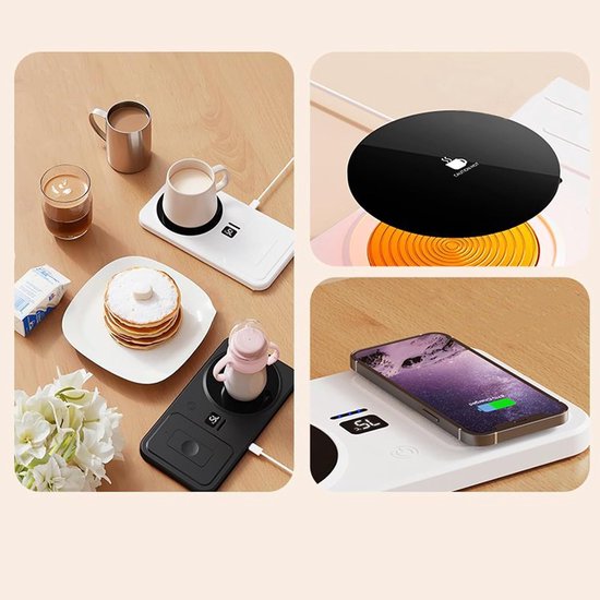 Kopjeswarmer, koffiekopjeswarmer, drankwarmer, 3 temperatuurstanden, slimme drankwarmer met draadloze telefoonoplader - voor melk, water, enz. - wit — afbeelding 2
