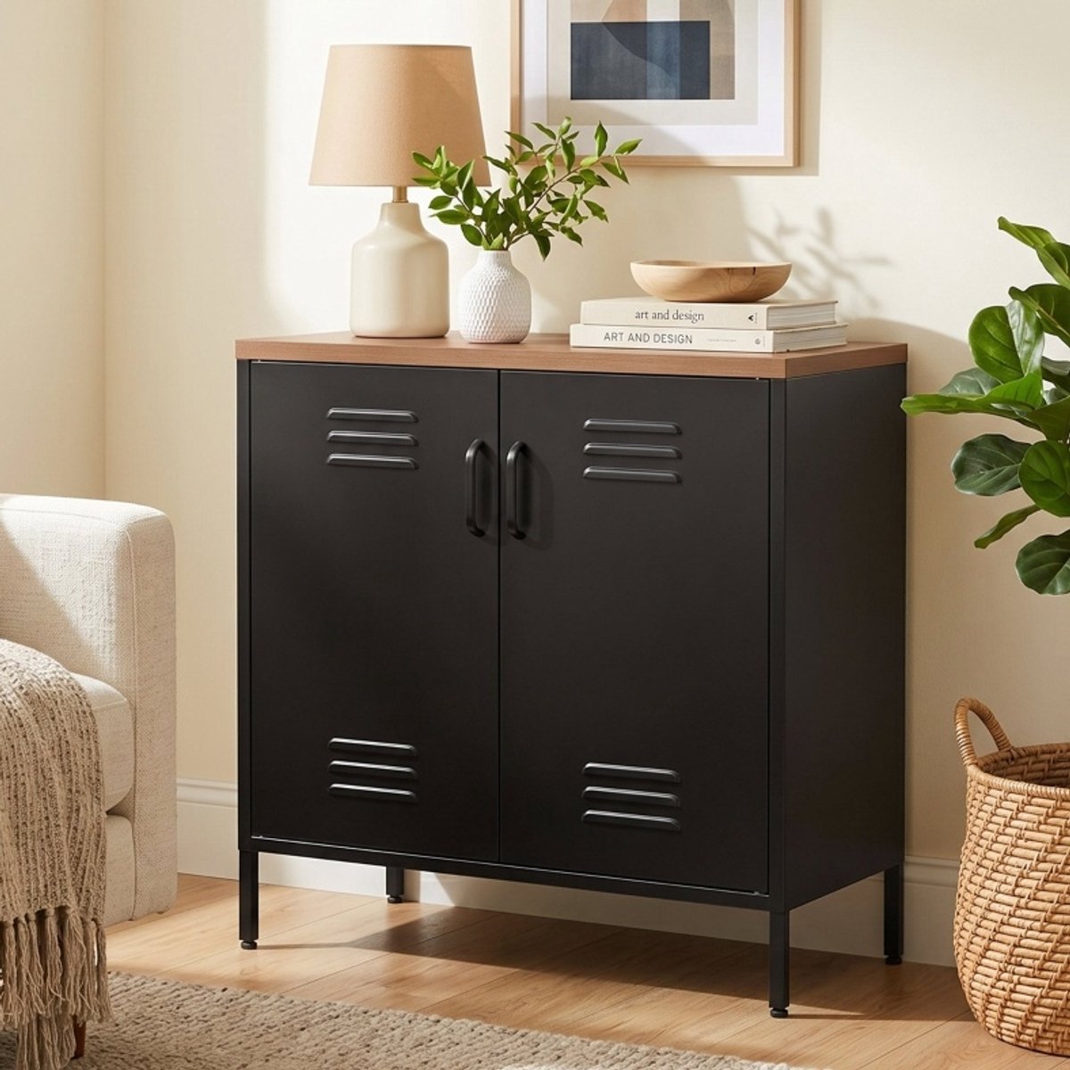 REDOM - Dressoir - Metalen sideboard - 2 openslaande deuren - Verstelbare plank - Industrieel - Woonkamer en kantoor - Staal - Zwart - 80 x 40 x 80 cm