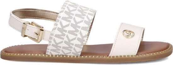 Witte Michael Kors sandalen met MK-print op de band en gouden gesp.