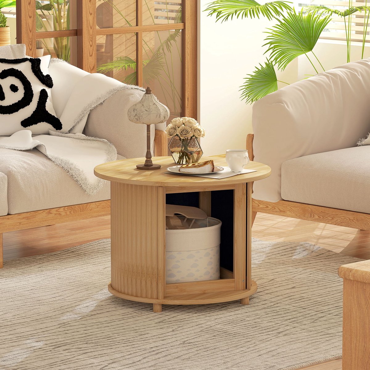 MIVRAY Salontafel - Ronde Bamboetafel Met Verborgen Opbergruimte En Schuifdeur - Modern Voor De Woonkamer - Naturel - 60 x 60 x 45 cm