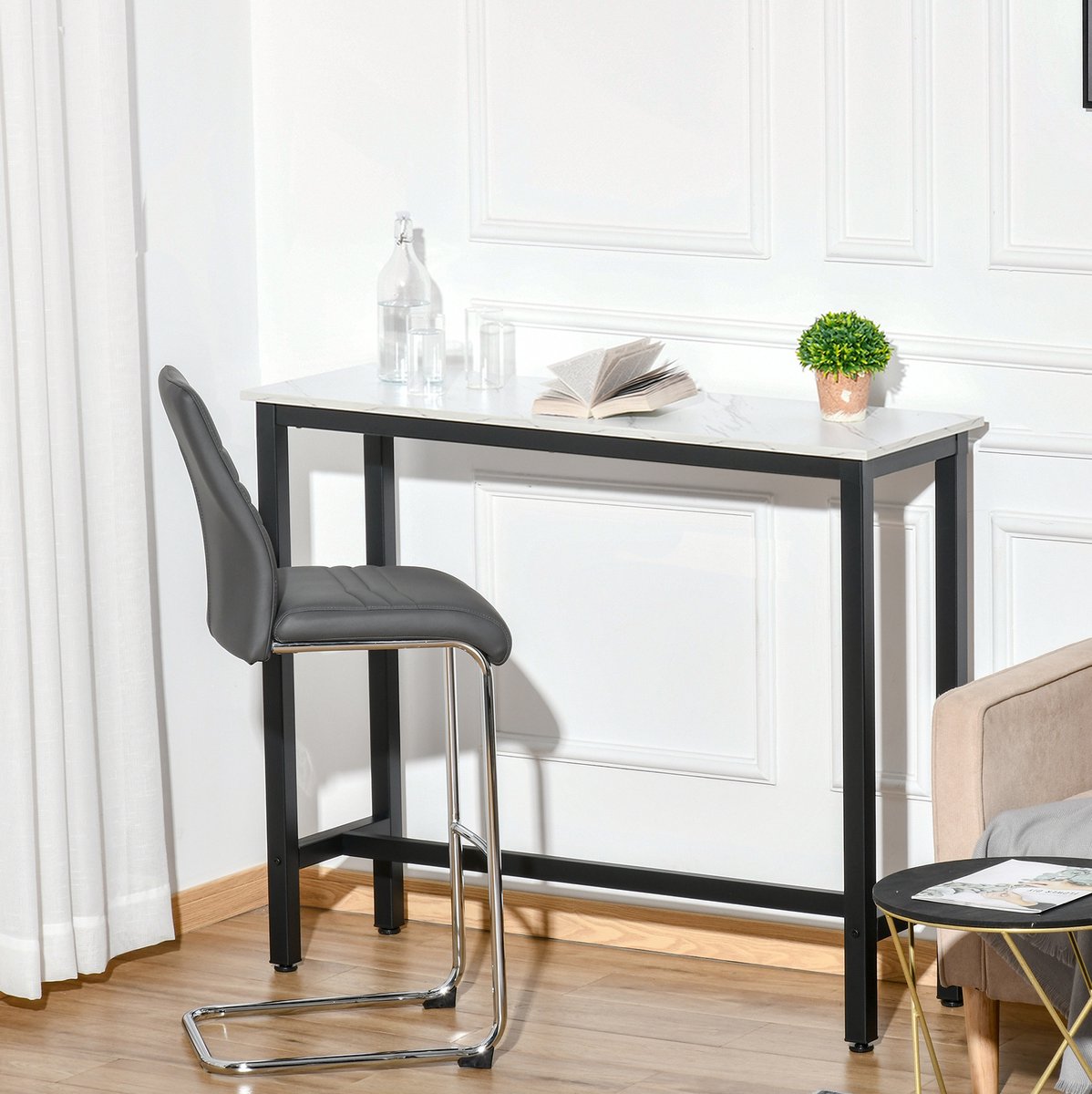 OKWISH Bartafel – Marmerlook Tafelblad – Voor Keuken, Eetkamer En Huisbar – Stalen Frame – Wit Met Zwart – 120 x 40 x 100 cm