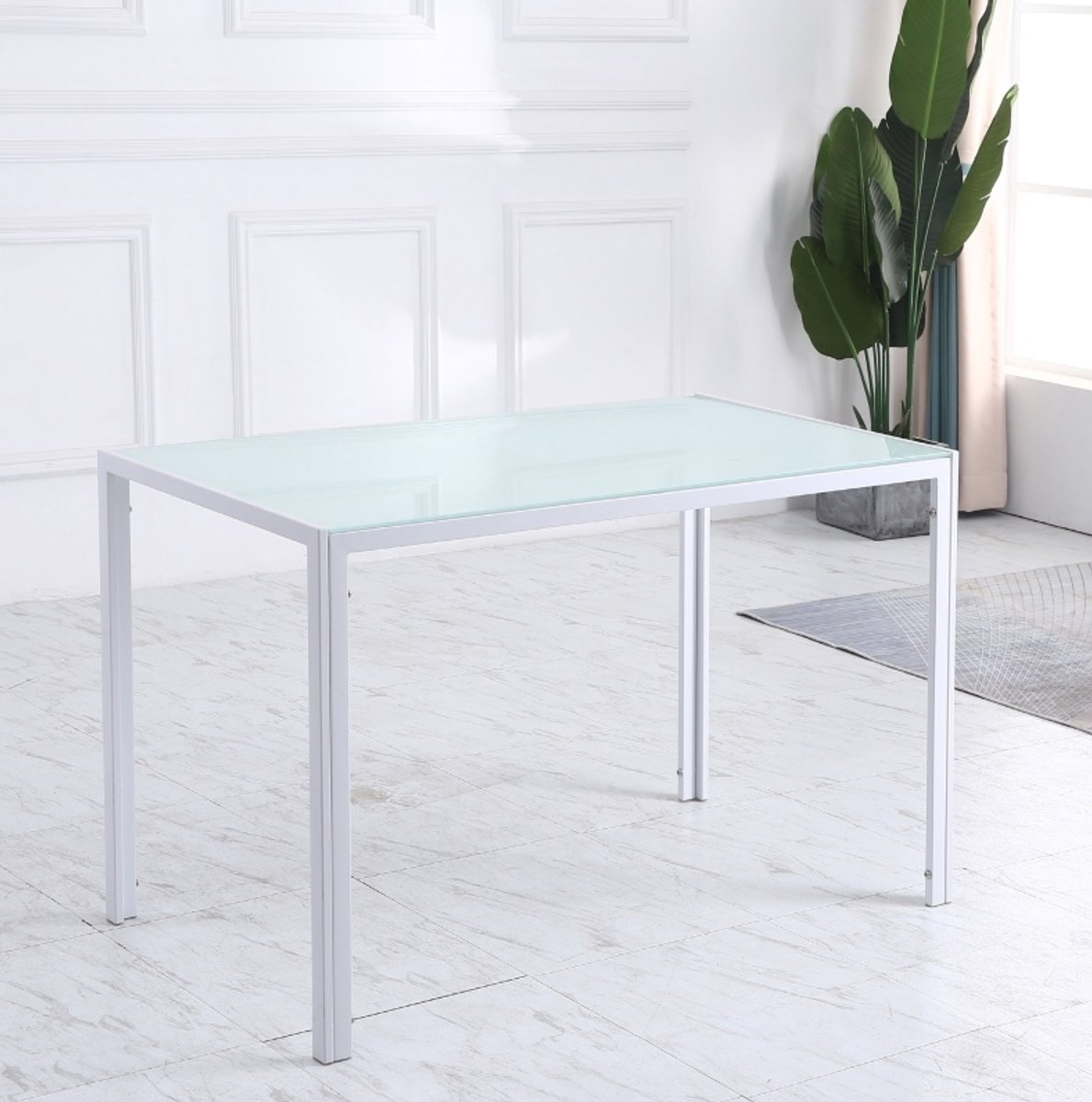 OKWISH Eettafel – Rechthoekig – Voor 4 Personen – Tafelblad Van Gehard Glas – Metalen Frame – Modern Wit – 120 x 60 x 75 cm