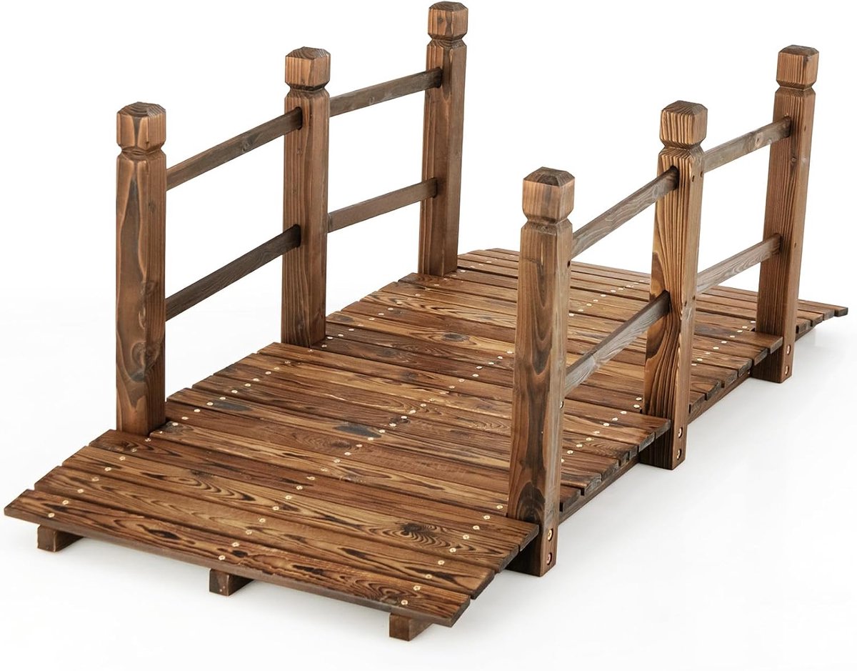 COSTWAY Brug, vijverbrug, tuinbrug, houten brug met leuningen, sierbrug tot 180 kg belastbaar, van massief dennenhout, decoratieve brug voor tuin, vijver buiten, 150 x 67 x 55 cm, bruin