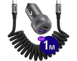 Buddi Power USB - C Autolader & USB - A + C Poort met USB-C naar USB-C Krulsnoer Kabel 1M | Snelladen 89W | Compact formaat | Telefoon oplader voor in de auto | Geschikt voor sigarettenaansteker
