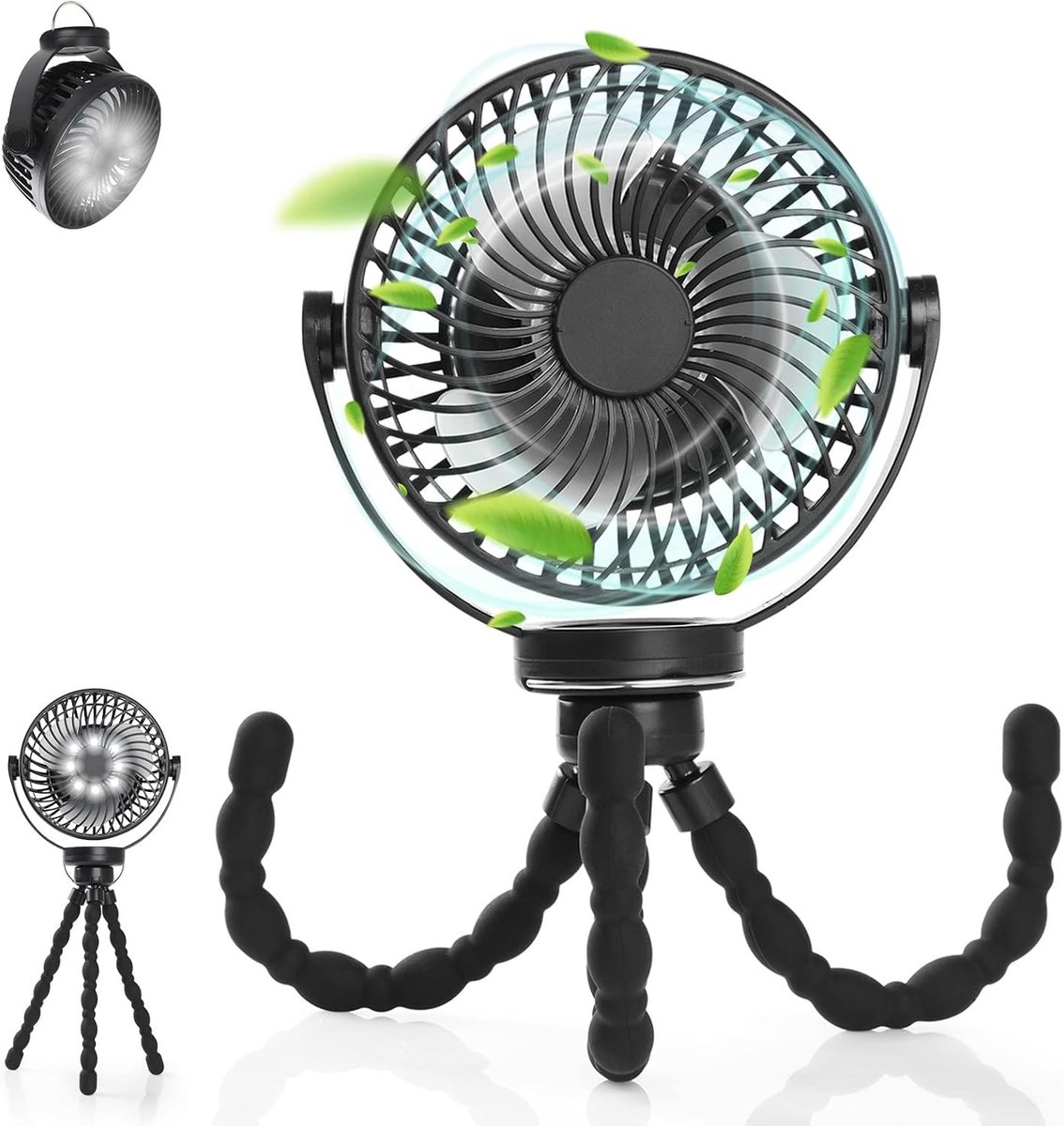 Draagbare Campingventilator met LED-verlichting, Mini USB Tafelventilator, Stil, 5200 mAh Accu, Verstelbaar Statief, 3 Snelheden, 720° Rotatie, Zwart