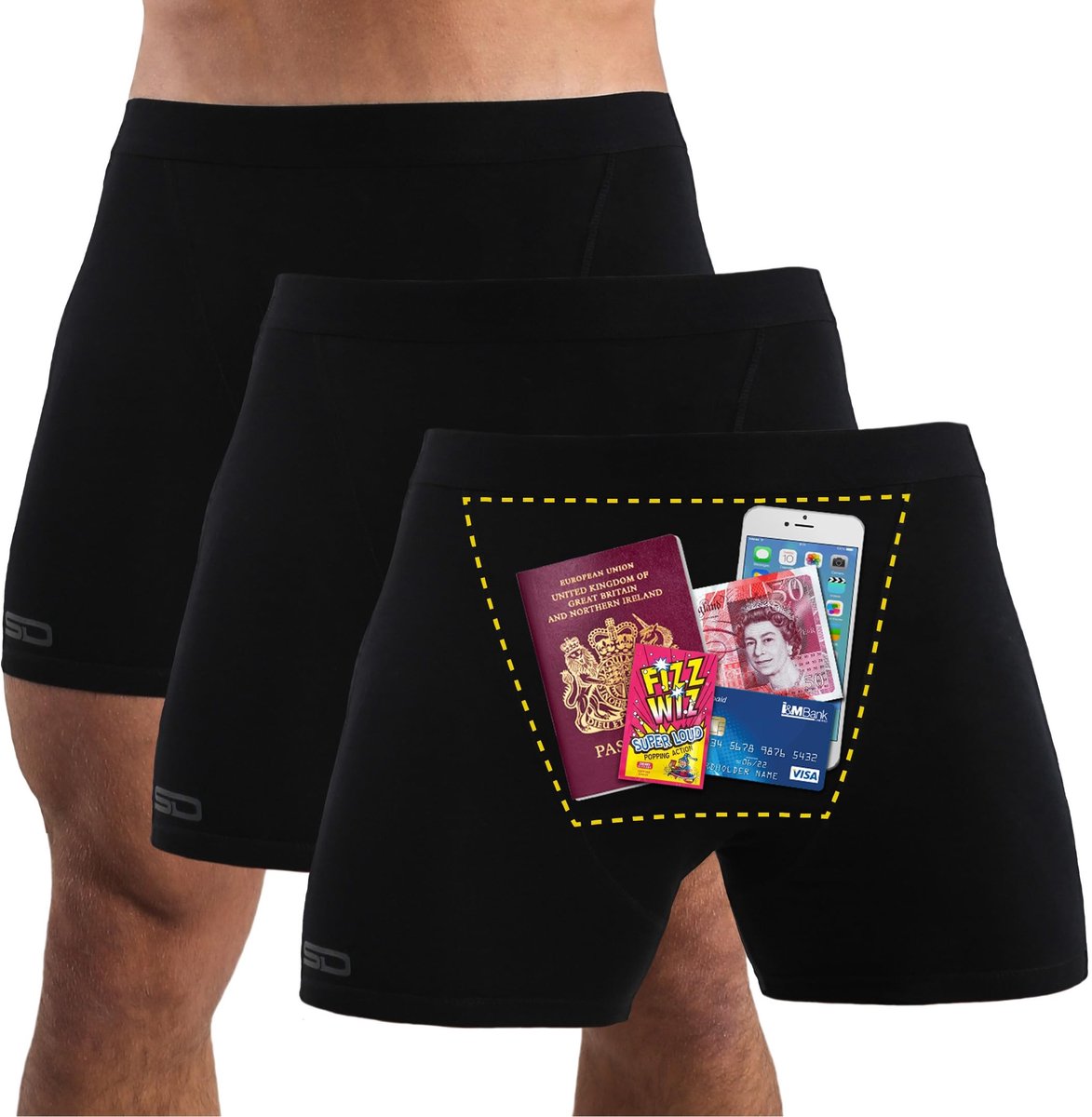 Elzusha - Boxer Shorts met Anti-Diefstal Zak - Zwart - 3 Stuks M