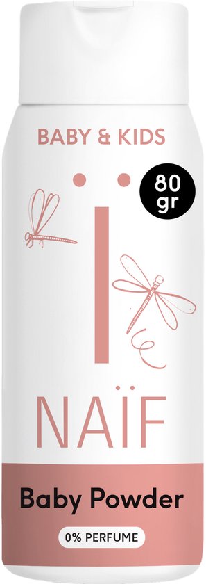 Witte babypoederfles met roze libellen en het Naïf logo. "Baby Powder" 80 gr.