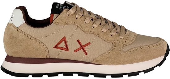 Beige Sun68 sneaker met bruine suède overlays en oranje 'AX' logo op de zijkant.