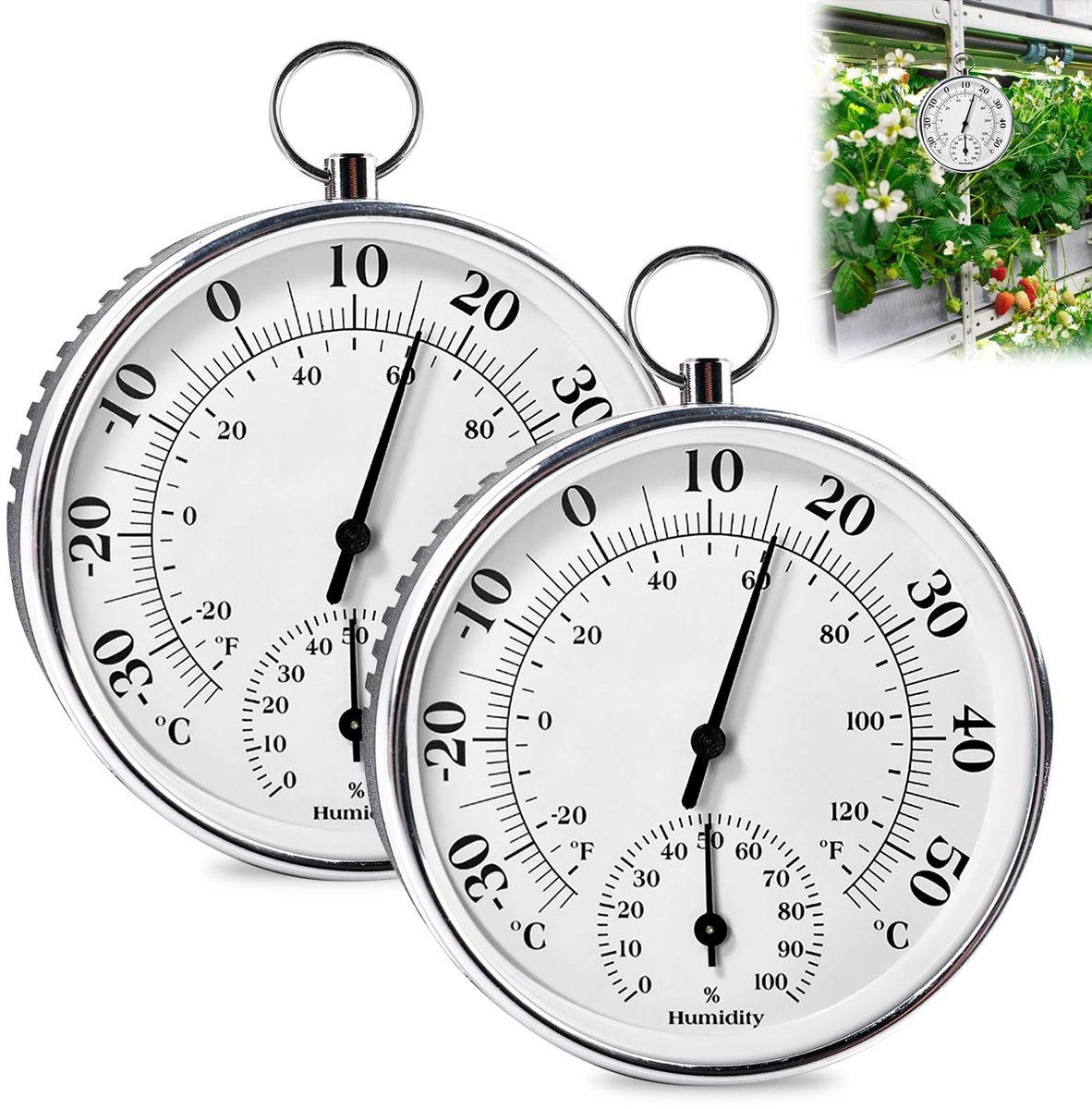 2 Stuks Buiten Thermometer en Hygrometer - Zonder Batterijen - Voor Terras, Kas, Tuin, Huis en Auto - 10 cm