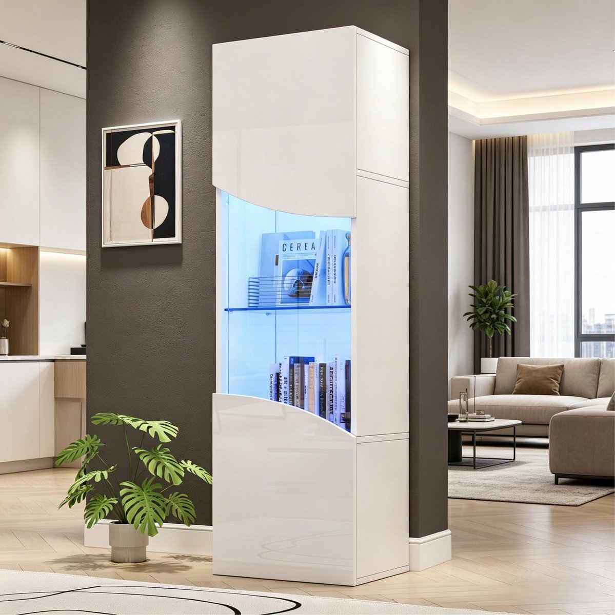 DESMIU Vitrinekast - Hoogglans Met Ledverlichting En Gehard Glas - Voor Woonkamer - Spaanplaat - 50 x 35 x 165 Cm - Wit