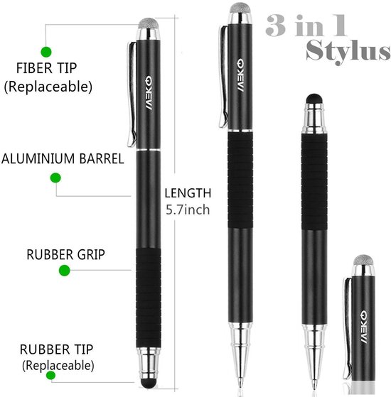 3-in-1 Stylus Pen met Balpen en Fiber Tip voor Alle Touchscreens — afbeelding 3