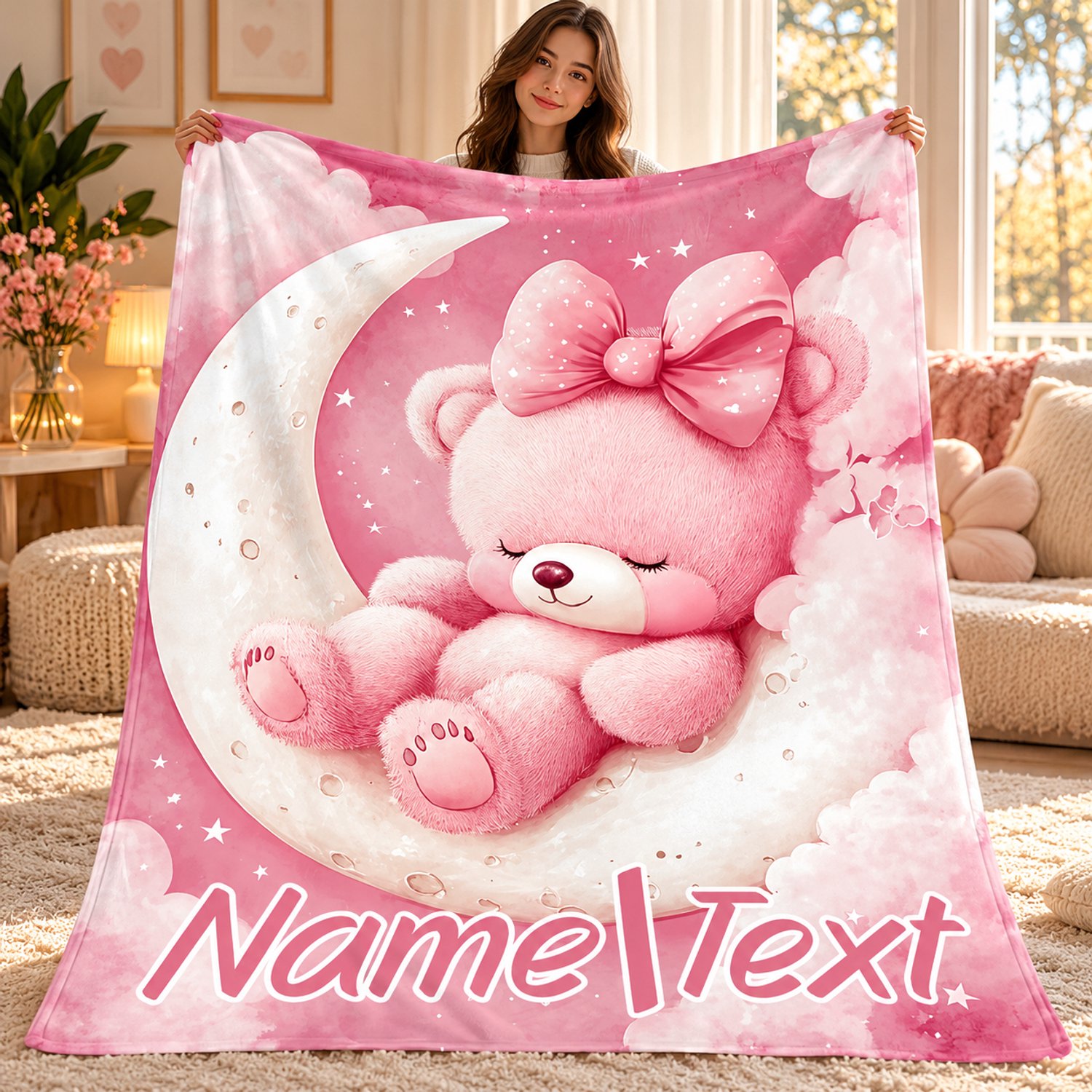 Rojellaa Roze Plaid met Slapende Teddybeer op Maan en Naamvak