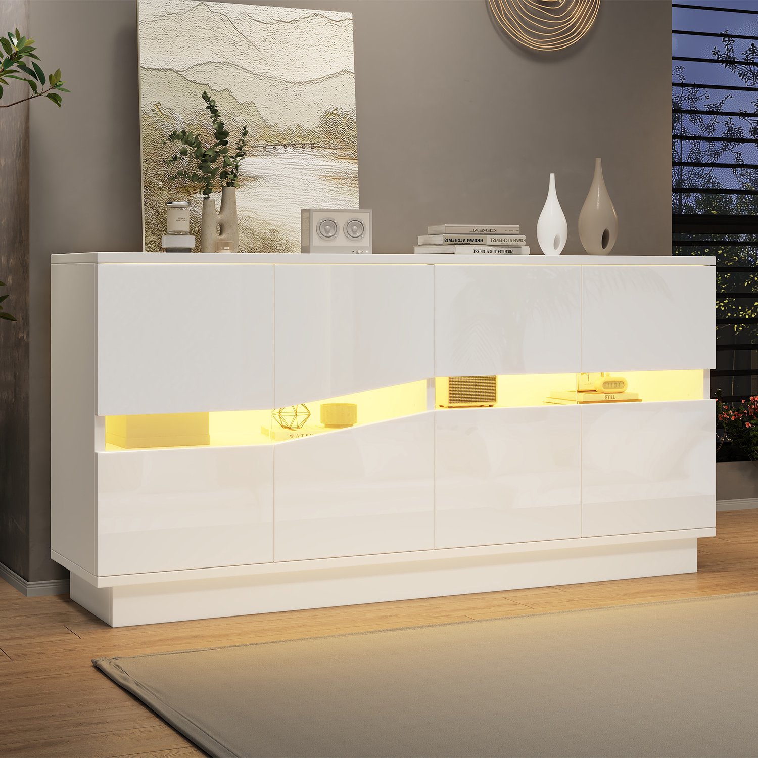 HAUSS SPOLE Dressoir - Hoogglans Front met Ledverlichting - Vier Deuren en Verstelbare Planken - Voor Woonkamer en Eetkamer - Wit - 140x35x70 Cm