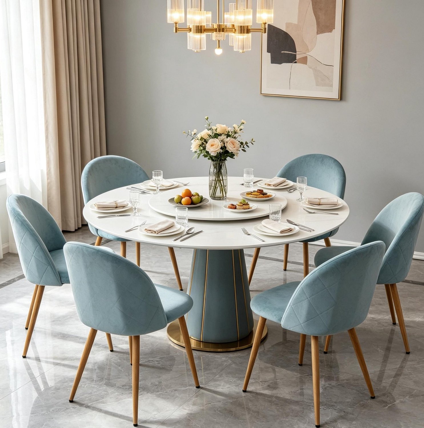 HAUSS SPOLE Eetkamerstoelen - Set van 6 - Gebogen Rugleuning en Zachte Zitting - Voor Eetkamer, Keuken en Woonkamer - Fluweel - Blauwgroen Teal