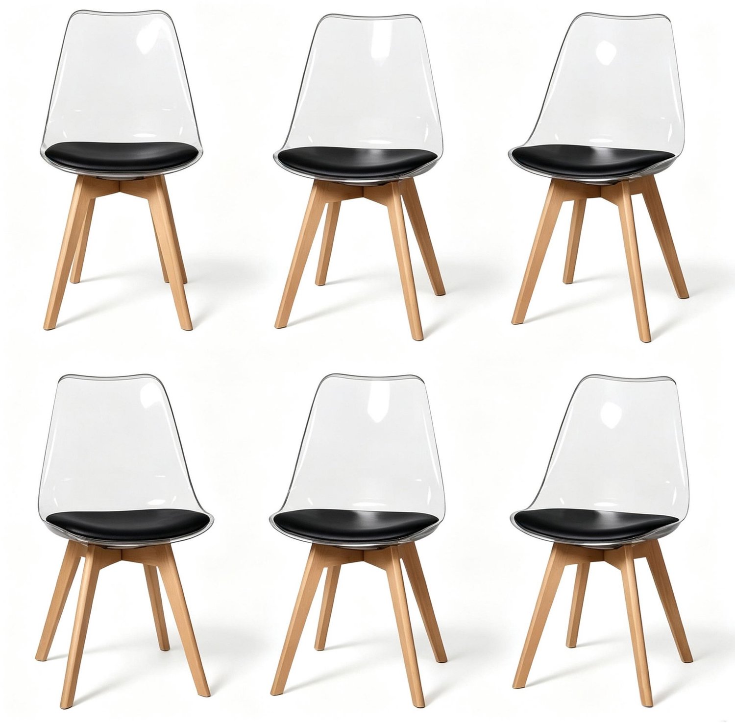 REDOM Set van 6 eetkamerstoelen - Kunststof zitting met kunstleren kussen - Houten poten - Zwart Wit, zwart en naturel houtkleur