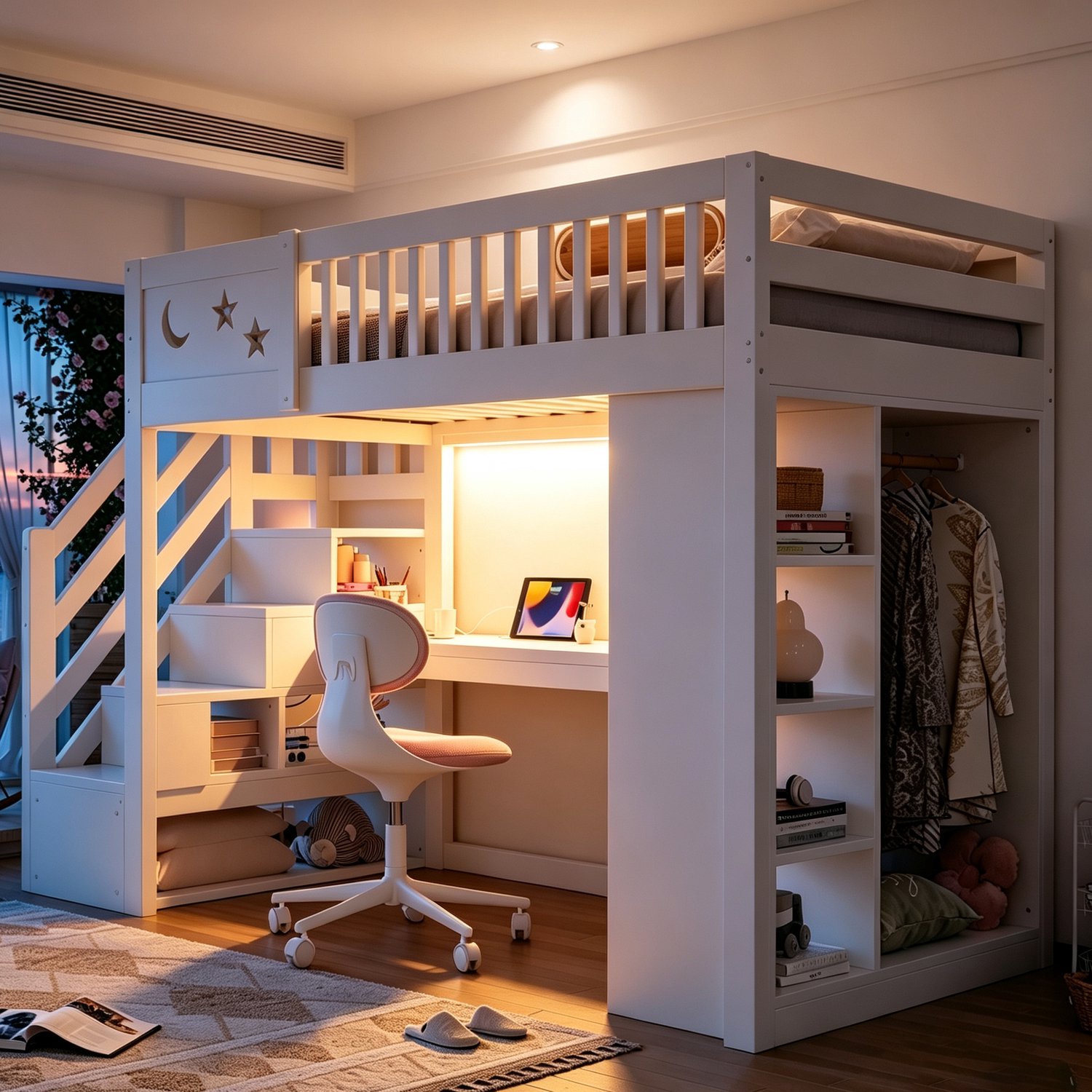 HAUSS SPOLE Hoogslaper 90x200 cm - Met Bureau en Opbergtrap - Met Verlichting, Stopcontacten en Kledingkast - Hout en MDF - Zonder Matras - Wit