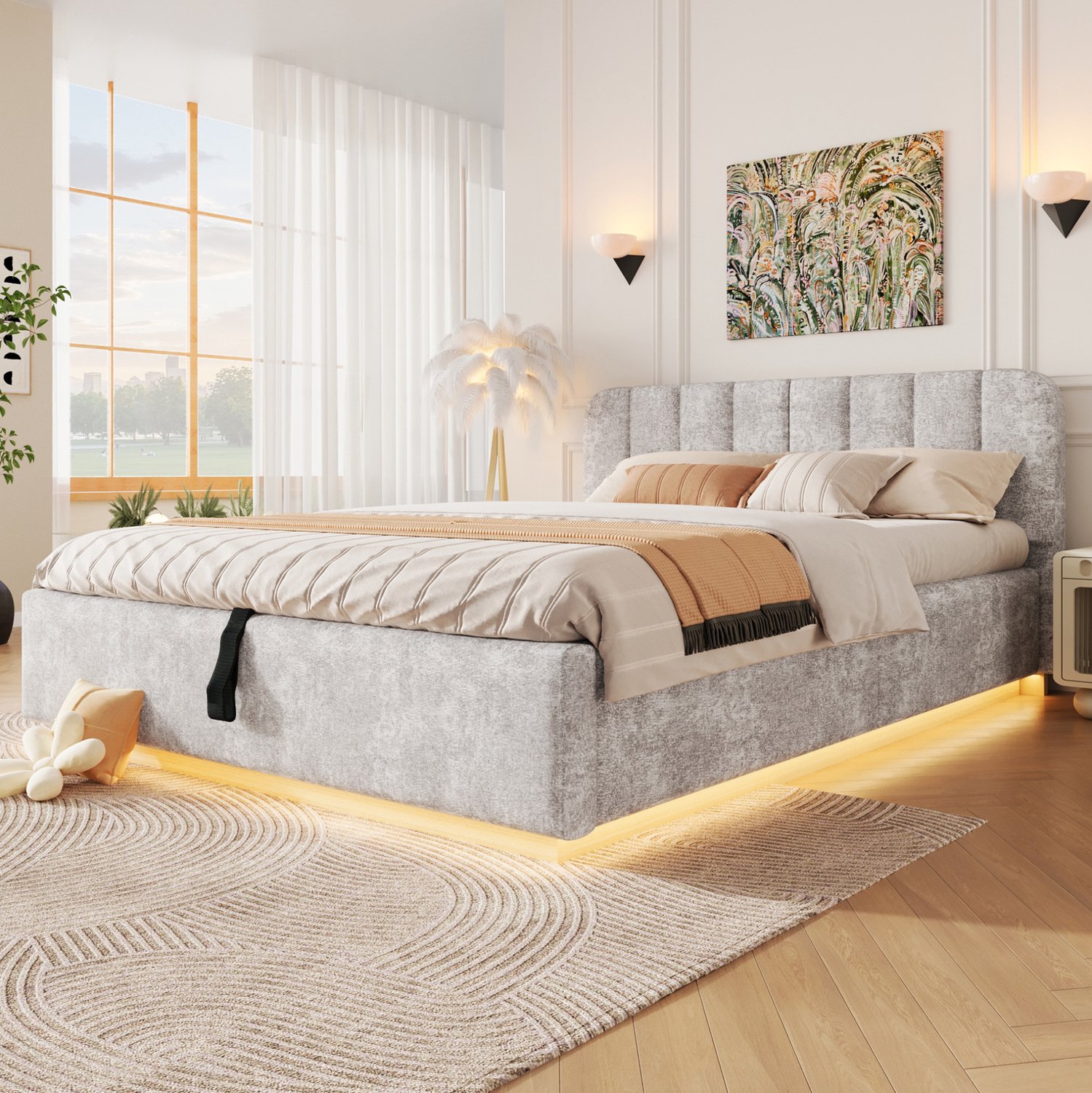 HAUSS SPOLE Gestoffeerd Bed 140x200 cm - Tweepersoonsbed met Lattenbodem - Hydraulische Opbergruimte en Sfeerverlichting - Zonder Matras - Chenille - Lichtgrijs