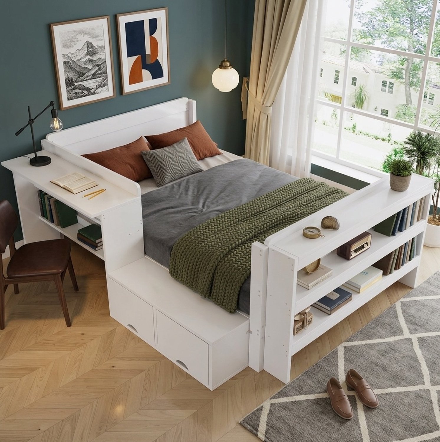 HAUSS SPOLE Houten Bed 120x200 cm - Bed met Bureau en Opbergruimte - Links of Rechts Monteerbaar - Voor Kinder- en Logeerkamer - Zonder Matras - Wit