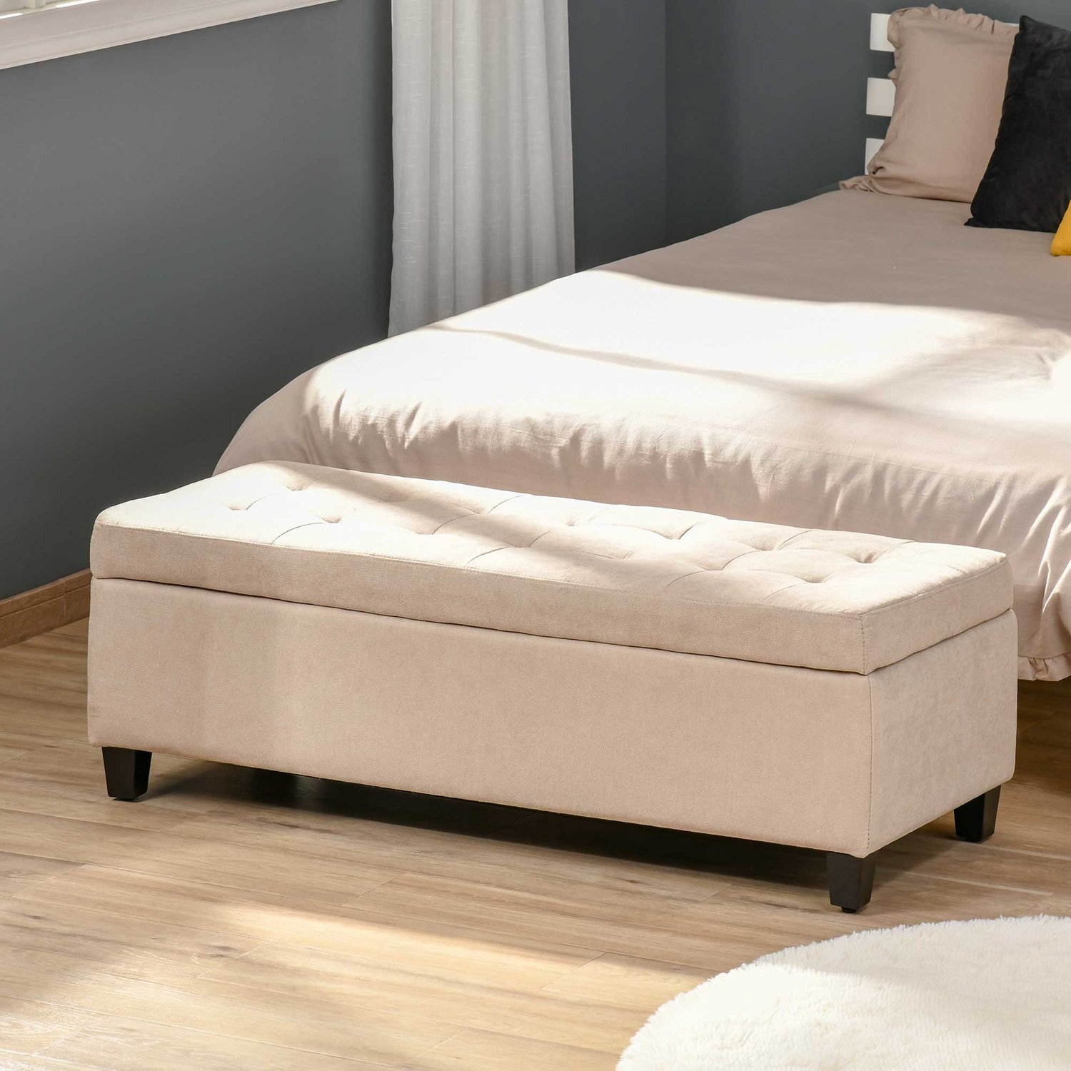 Opbergbank - Bankje Met Opbergruimte En Zachte Zitting - Voor Woonkamer En Slaapkamer - Polyester Met Linnenlook - 125x49x41,5 Cm - Beige