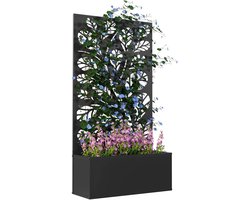 Bresht Plantenbak - Bloemenbak - Met Privacy Scherm - Met Bladmotief - Wandmontage - 30 Liter - Zwart - 61 × 23 × 113 cm