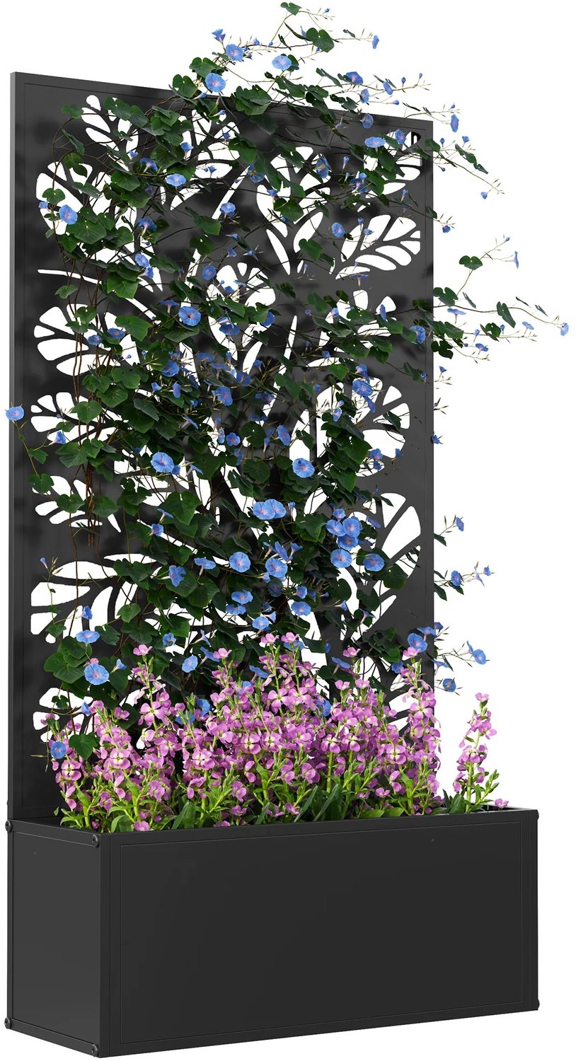 Bresht Plantenbak - Bloemenbak - Met Privacy Scherm - Met Bladmotief - Wandmontage - 30 Liter - Zwart - 61 × 23 × 113 cm