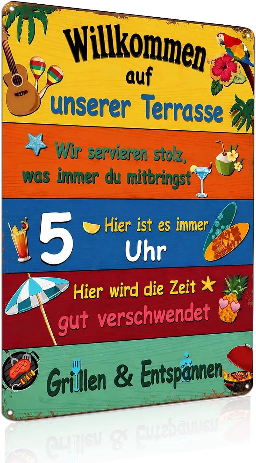 Welkom op ons terras - metalen bord voor buiten, decoratie voor thuis, verjaardagsfeestje en zwembad, 20 x 30 cm (26180)
