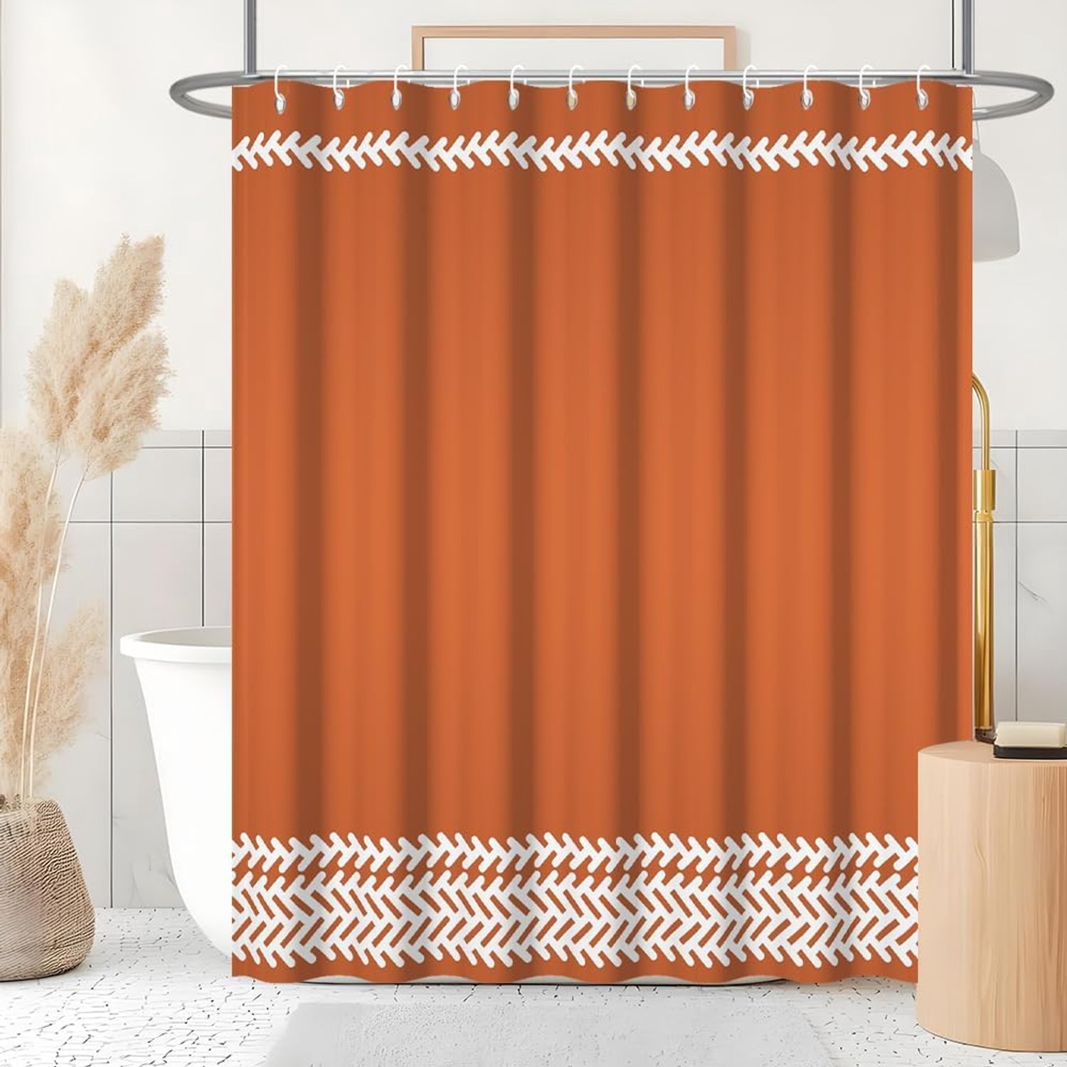 Douchegordijn, terracotta, oranje, wit, boho, geometrisch motief, douchegordijn, anti-schimmel, waterdicht, polyester stof, wasbaar, ondoorzichtig, badgordijn met 12 haken, 180 x 200 cm (b x
