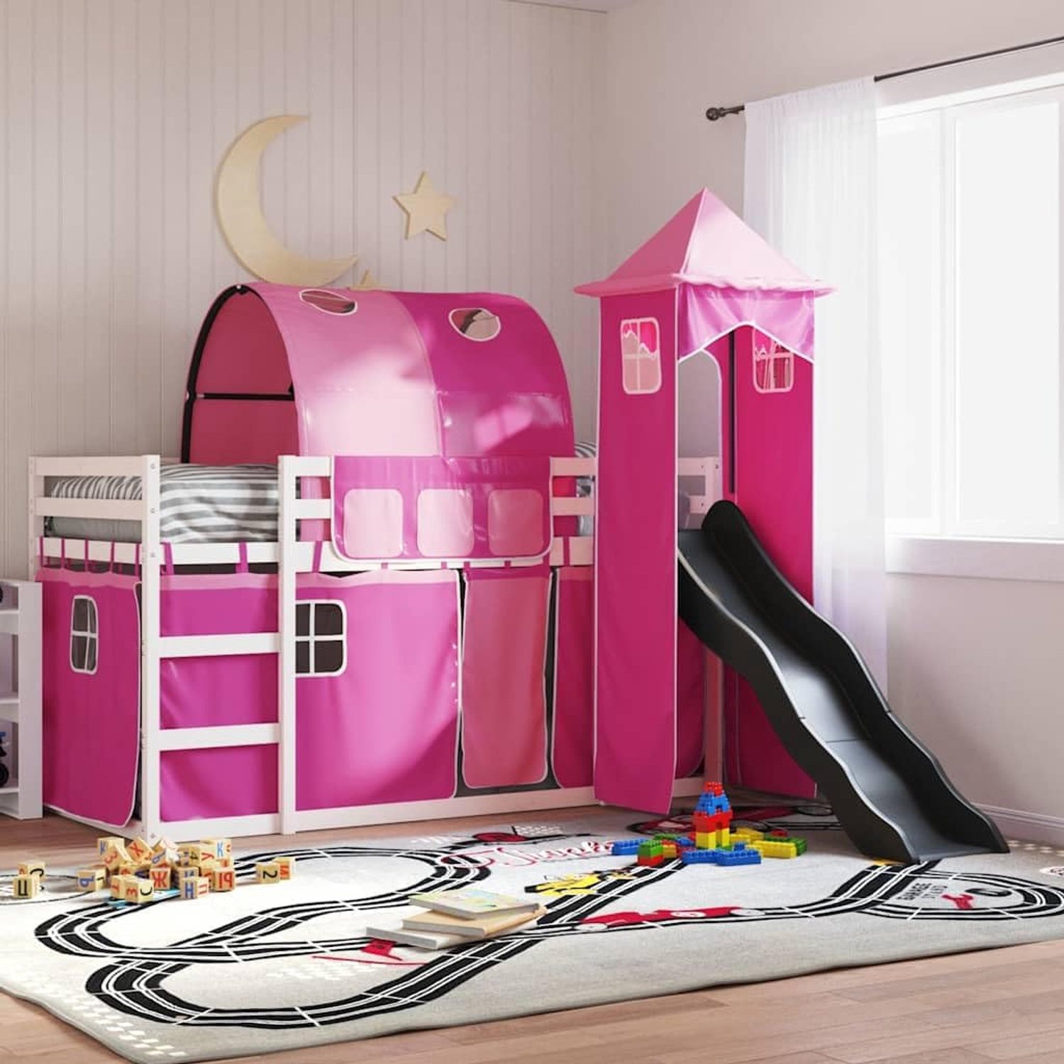 Grenenhout Met gordijnen en glijbaan Stapelbed roze 90x200 cm