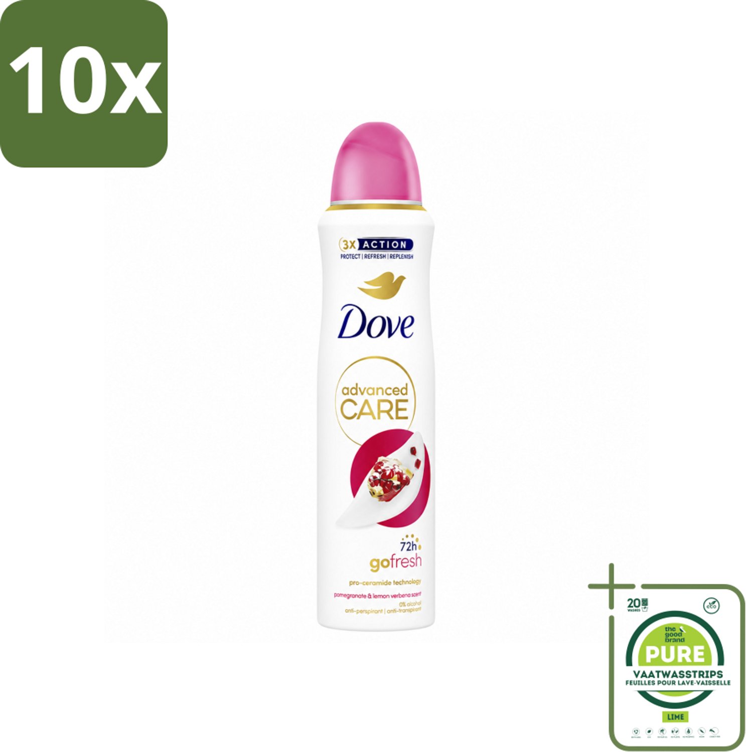 10 x Dove Deodorant Spray - Granaatappel & Citroenverbena - 150 ml - Grootverpakking - Vaatwasstrips - Anti-transpirant - Zweetvermindering - Geurvermindering - Okselhuid Verzorging - Frisheid