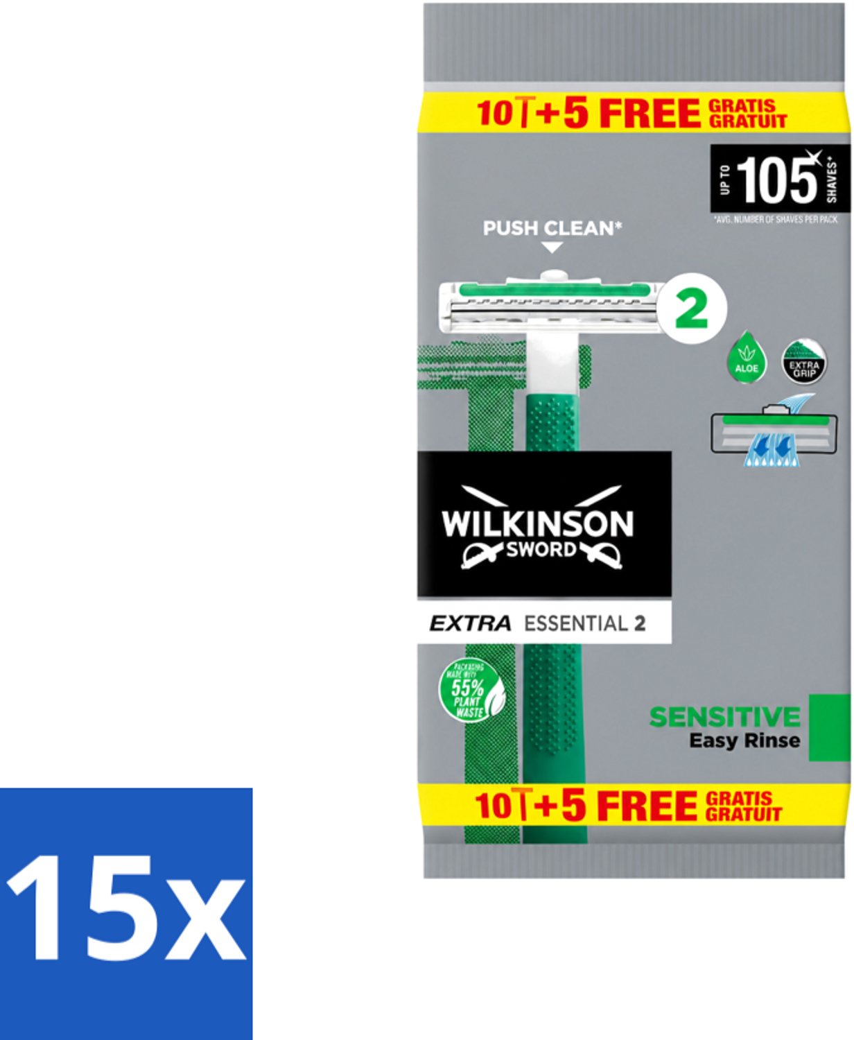 15 x Wilkinson - Wegwerpscheermesjes - Extra Essential 2 Sensitive - Zacht - 15 mesjes - Voordeelverpakking - 15 stuks