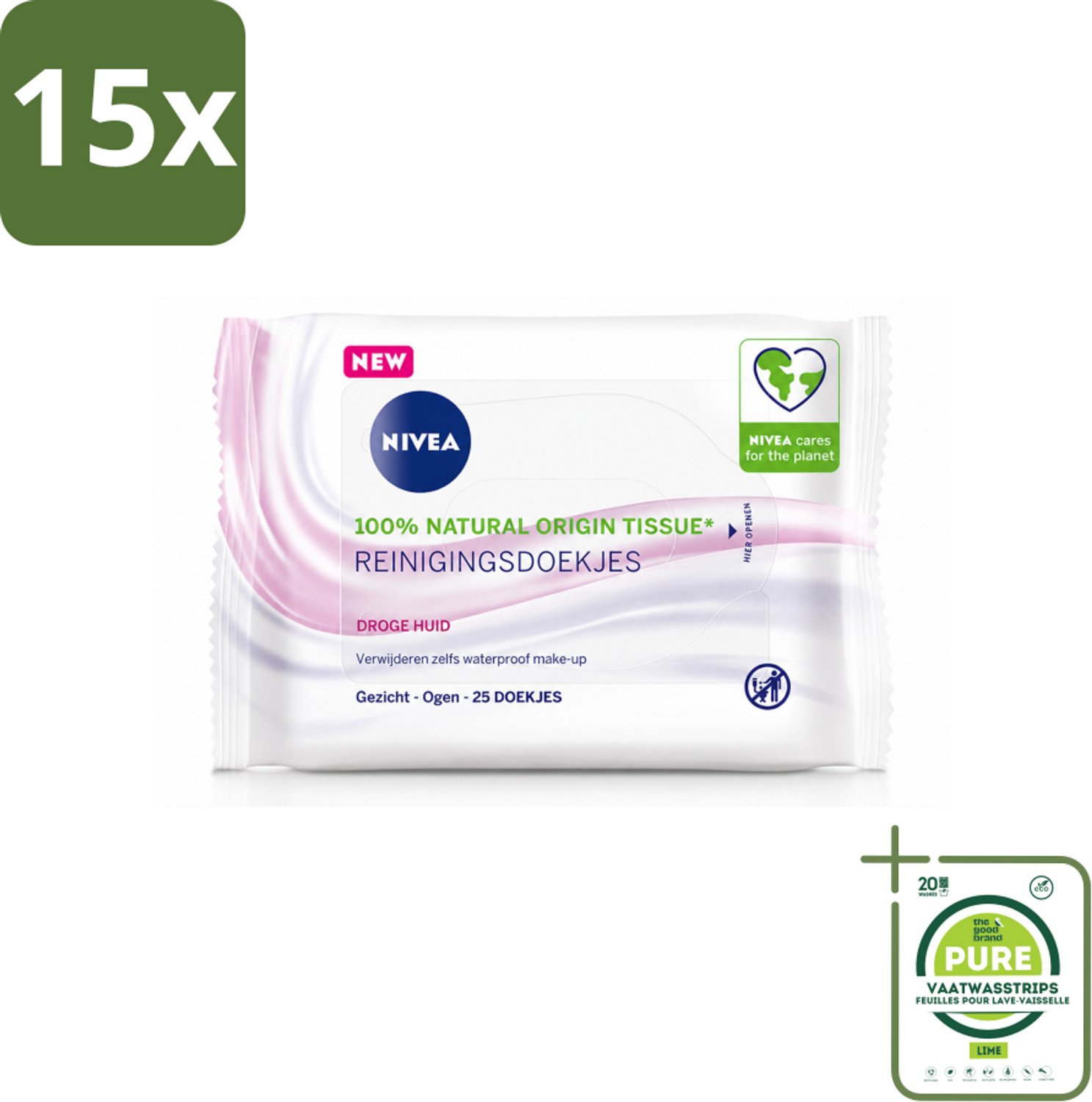 15 x NIVEA - Reinigingsdoekjes - Verzachtend - Droge Huid - Verwijdert Waterbestendige Make-up - 25 Doekjes - Grootverpakking - Vaatwasstrips - Reinigingsdoekjes - Gezicht Reinigen - Make-up Verwijderen - Droge Huid - Gevoelige Huid