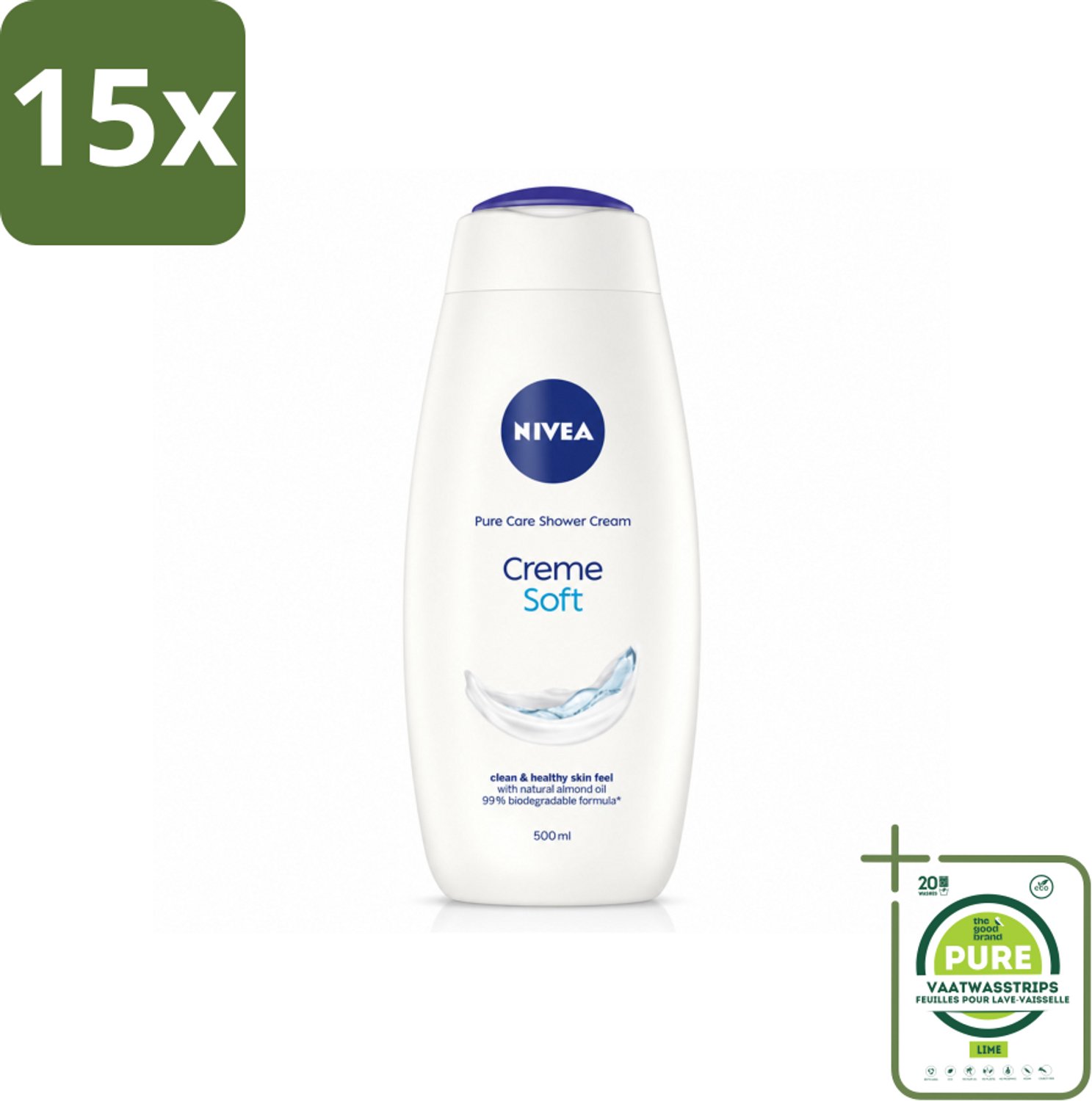 15 x NIVEA - Douchecrème - Zacht - Huidbeschermend - Amandelolie - 500 ml - Grootverpakking - Vaatwasstrips - Douchecrème - Huid Verzorgen - Amandelolie - Zijdezachte Huid - Hydratatie