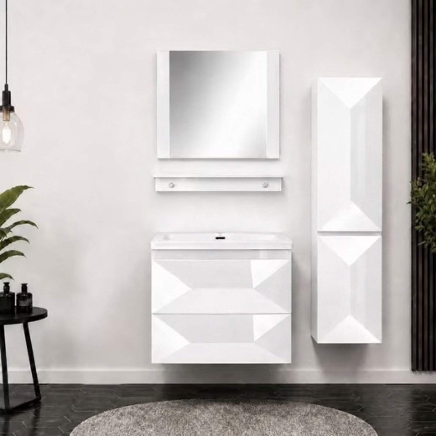 Faizee Home Miran Badkamermeubelset 60 cm Wit Hoogglans met keramische wastafel, spiegel en Soft-Close