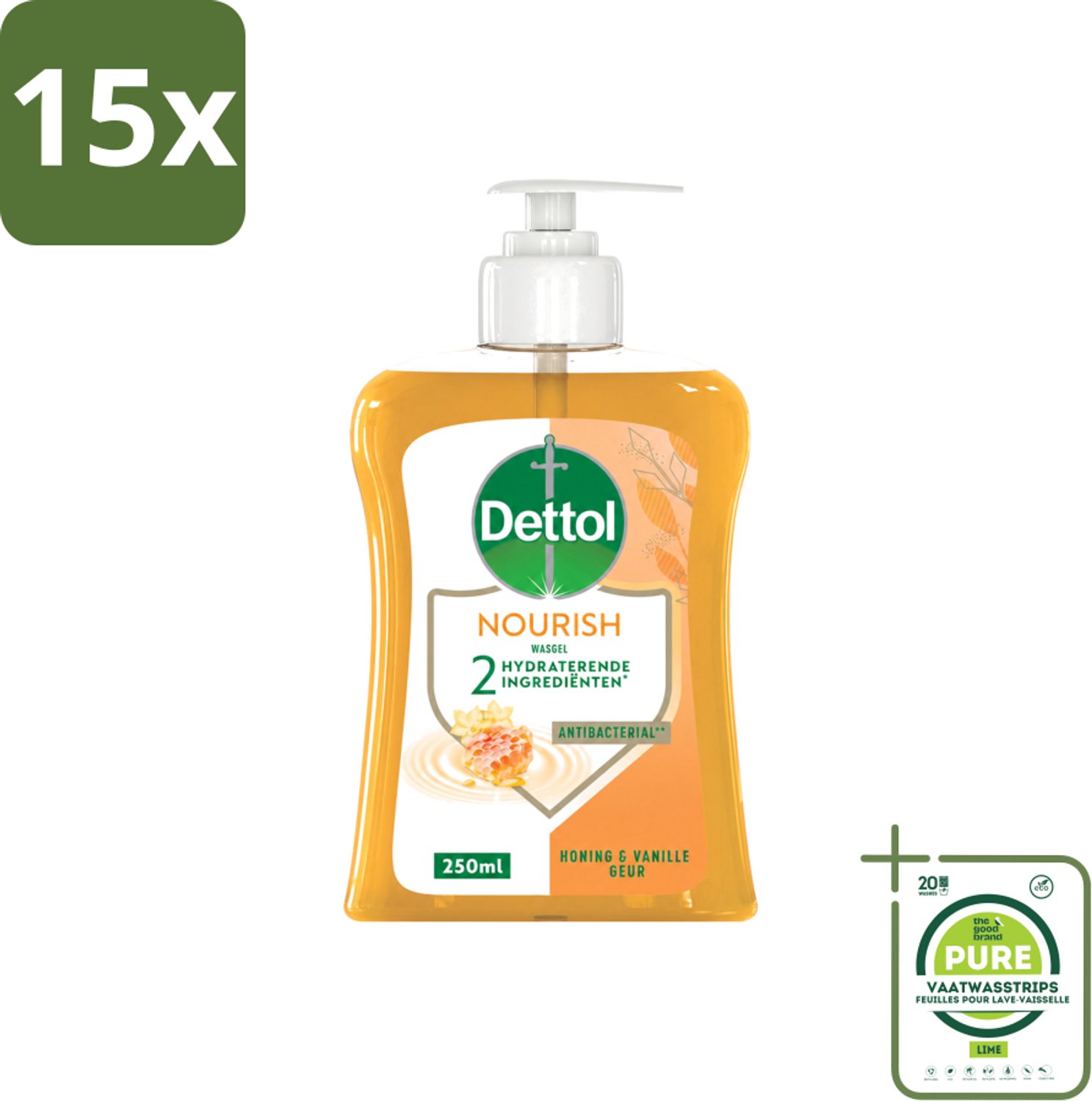 15 x Dettol - Handzeep - Nourish - Honing & Vanille - 250 ml - Grootverpakking - Vaatwasstrips - Handzeep - Antibacteriële Handzeep - Handen Wassen - Handen Verzorgen - Huid Verzorgen
