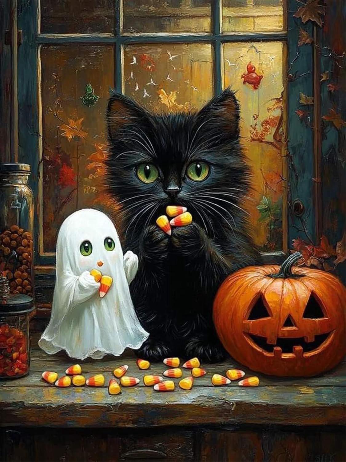 Diamond Painting Halloween, 5D diamantschilderij voor volwassenen, doe-het-zelf kunst diamant met zwarte kat, geest en pompoen, Halloween Diamond Painting compleet HD canvas, ronde diamanten voor