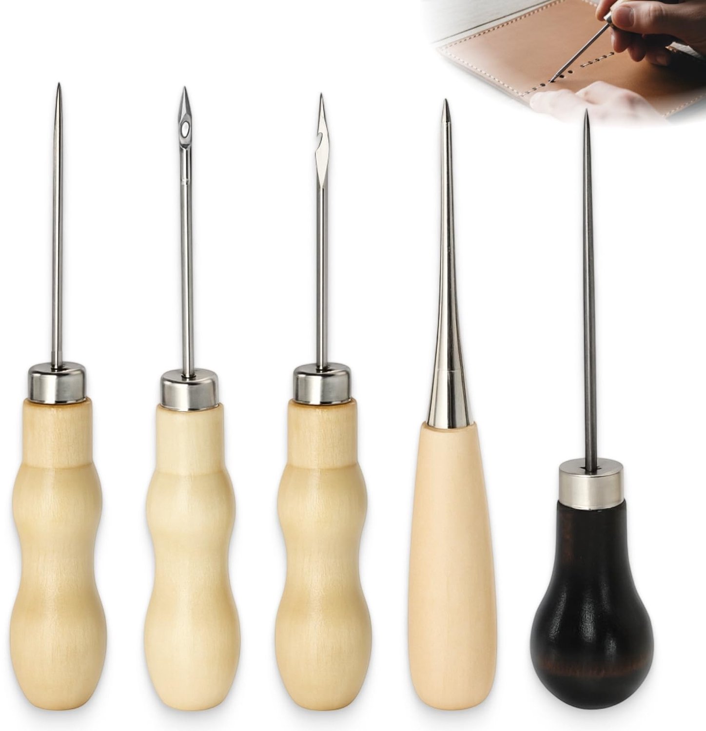5-delige Leerbewerking Set met Houten Handvat