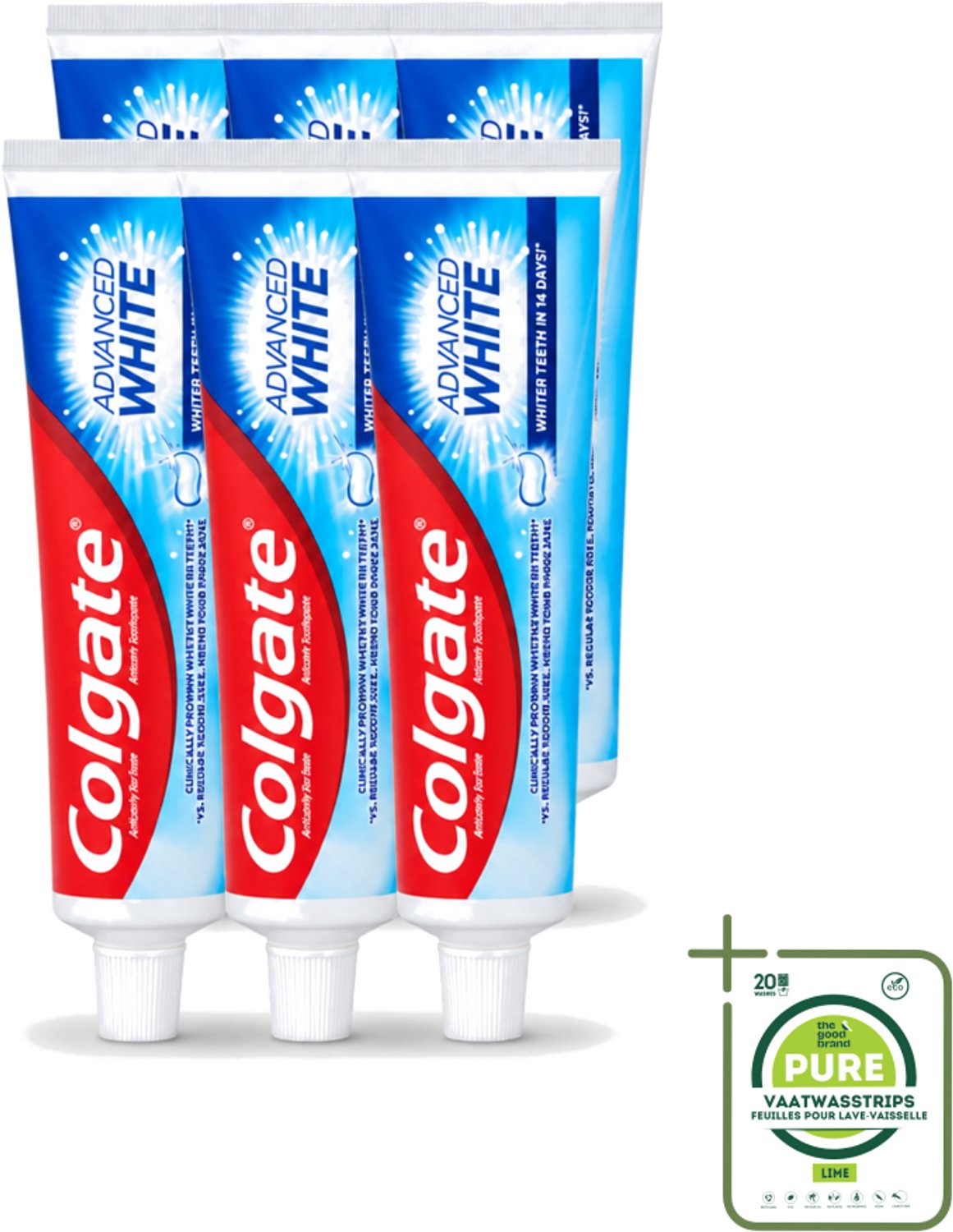 6 x Colgate - Advanced White - Tandpasta - 100ml - Grootverpakking - Vaatwasstrips - Tandpasta - Witte Tanden - Vlekverwijdering - Tandbederf - Gaatjes