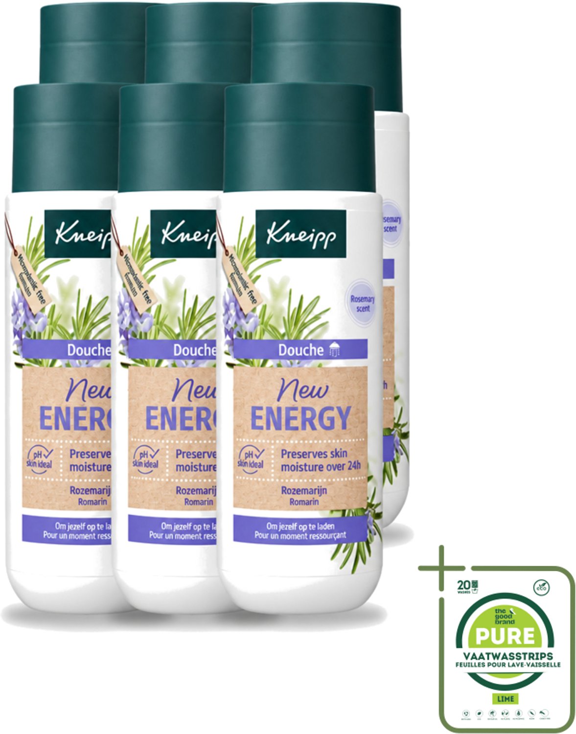 6 x Kneipp - Douchegel - New Energy - Energieke Geur - 200 ml - Grootverpakking - Vaatwasstrips - Douchegel - Energie - Rozemarijn - Natuurlijke Geur - Hydraterend