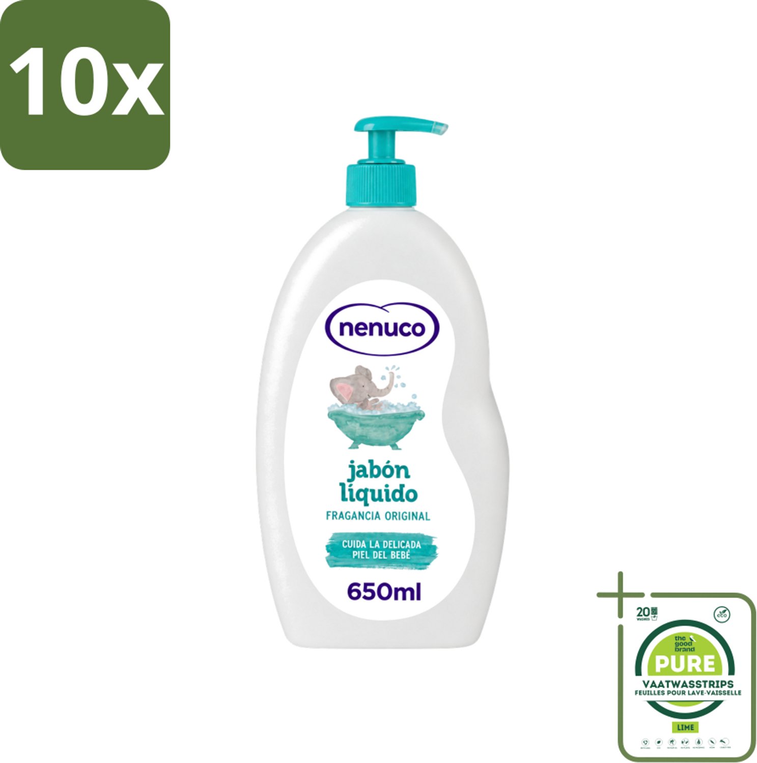 10 x Nenuco - Jabon Líquido - Vloeibare Zeep - Originele Geur - Met Doseerpomp - 650 ml - Grootverpakking - Vaatwasstrips - Vloeibare Zeep - Zeep Voor Baby - Handzeep - Douchegel - Badzeep