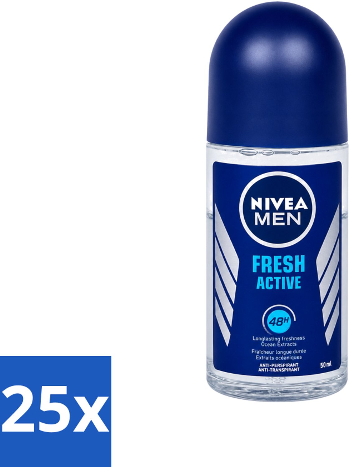 25 x Nivea - Fresh Active Roll-On - Antiperspirant - 48 Uur Lang Werkend - 50 ml - Voordeelverpakking - 25 stuks