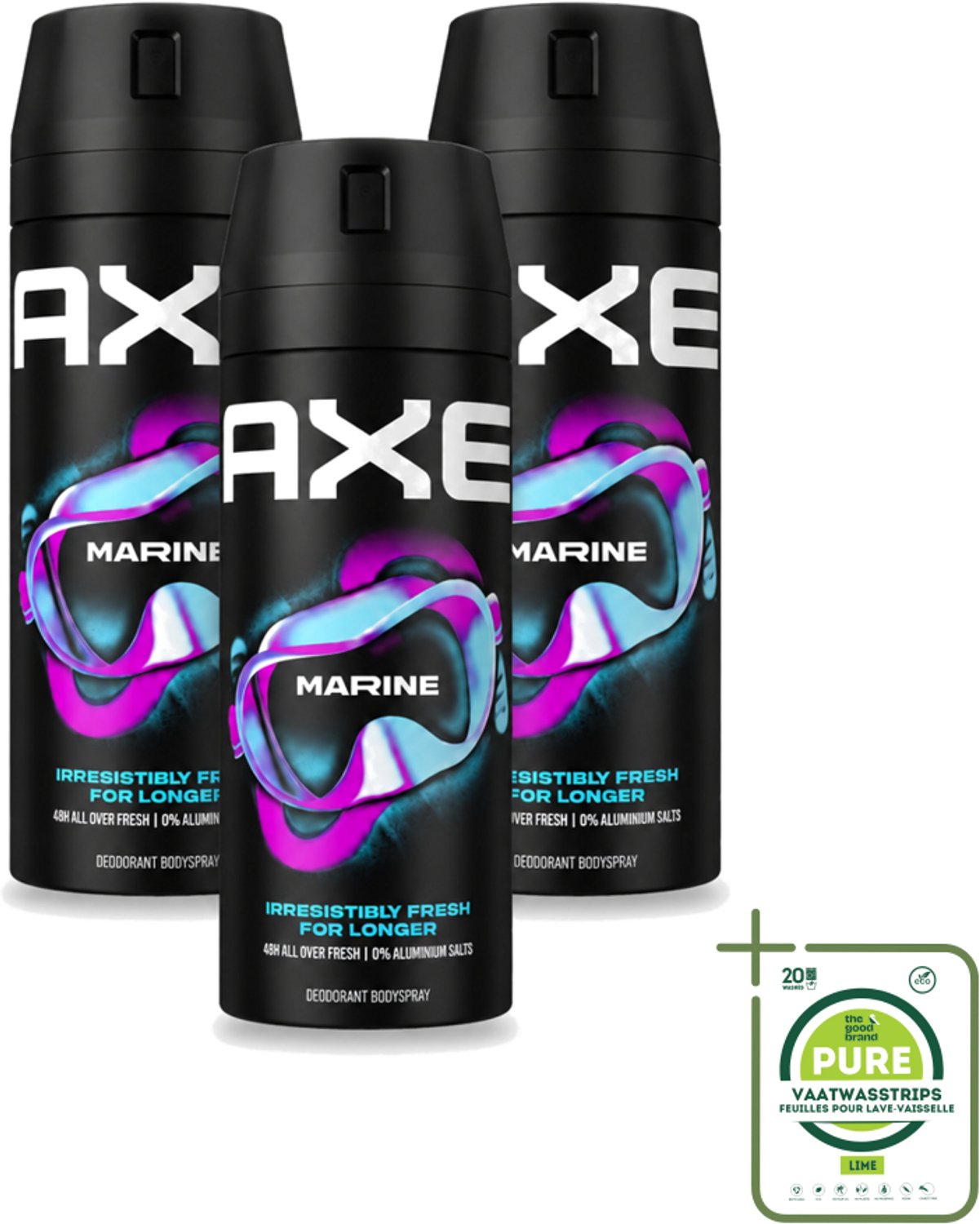 3 x Axe - Deodorant Bodyspray - 100% Fresh Fragrance - Marine - Sea Breeze & Sage - 150 ml - Grootverpakking - Vaatwasstrips - Zeebries - Salie - Deodorant - Bodyspray - Geur