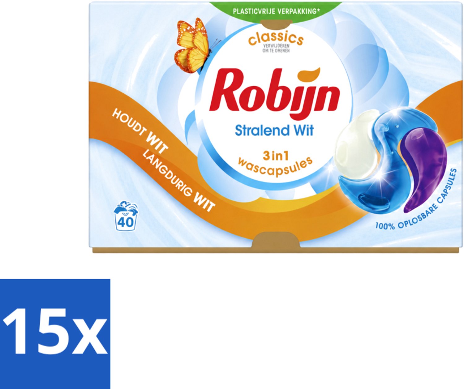 15 x Robijn - Stralend Wit - 3-in-1 Wascapsules - Houdt Langdurig Wit - 40 Wascapsules - Voordeelverpakking - 15 stuks