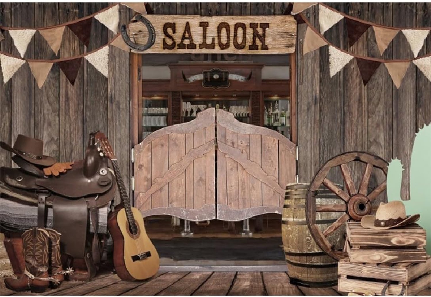 8x6ft Saloon Achtergrond Vintage Westerse Cowboy Fotografie Achtergrond Rustieke Houten Huis Schuur Deur Vlaggen Gitaar Laarzen Hoed Achtergrond Verjaardagsfeestje Decoraties Foto Booth