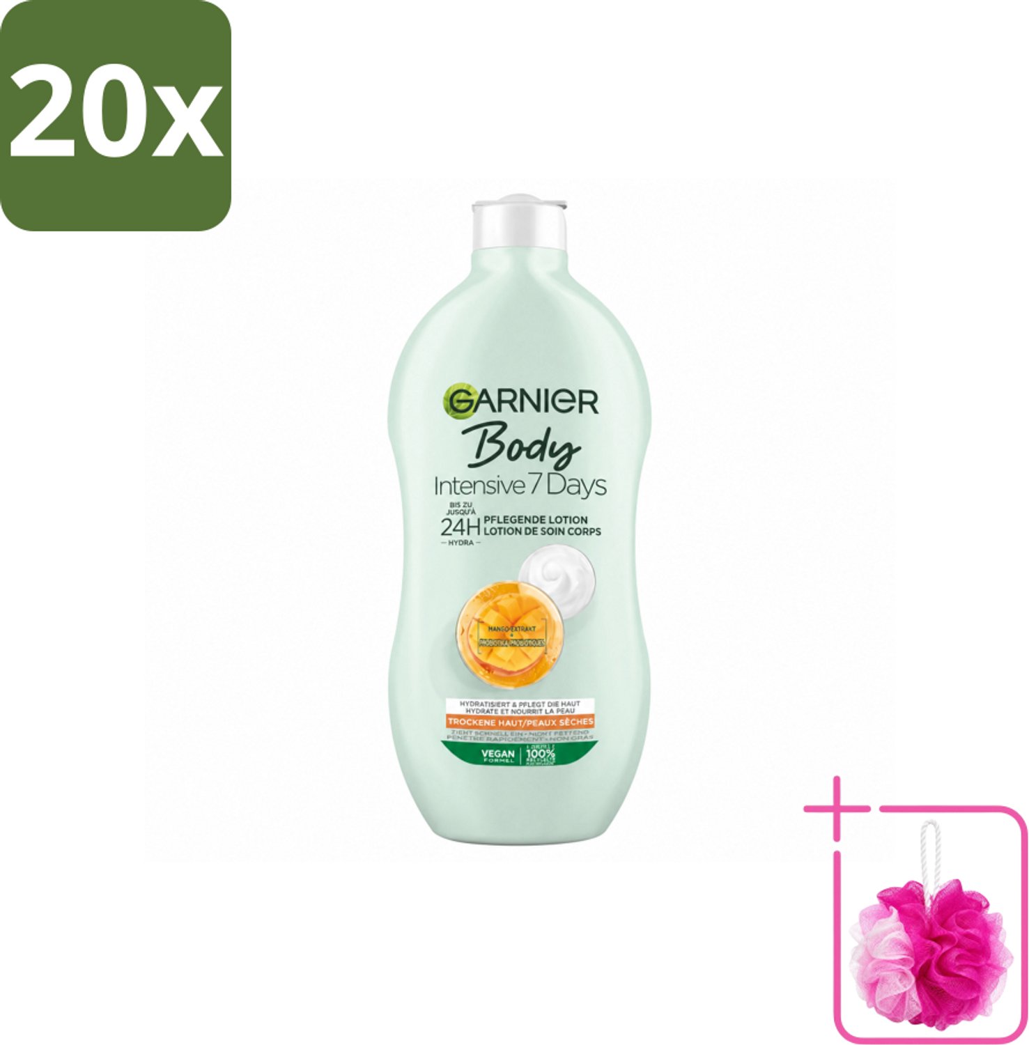 20 x Garnier - Body - Bodylotion - Intensive 7 Days - Verzorgend - Mango-extract & Probiotica - 400 ml - Bulkverpakking - Lotion voor droge huid - Douchemop - Intensieve hydratatie