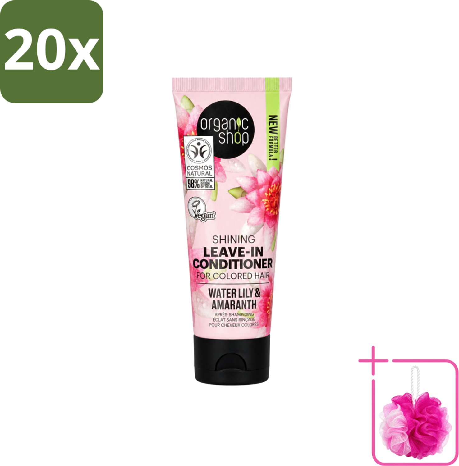 20 x Organic Shop - Shining Leave-In Conditioner Water Lily & Amaranth - 75 ml - Bulkverpakking - Haarkleur bescherming - Douchemop - Natuurlijke haarkleur