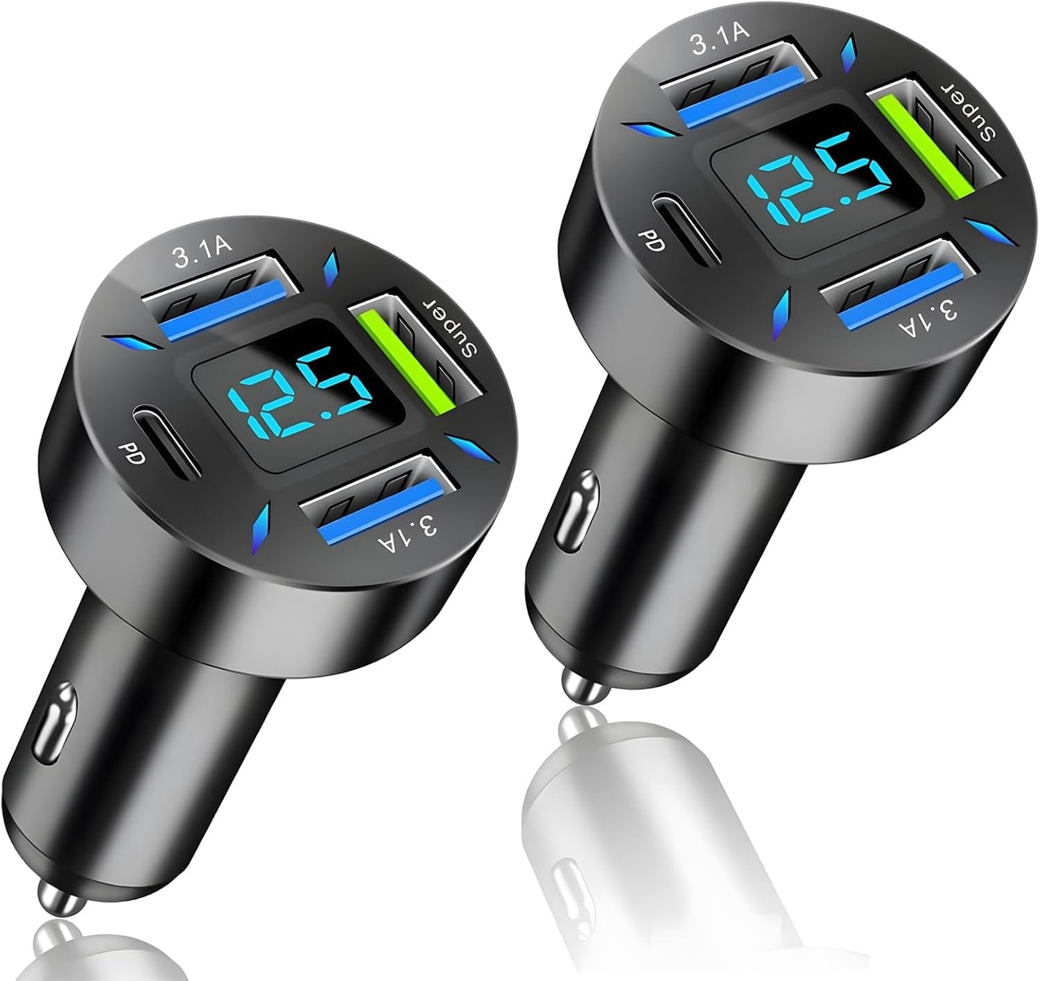 2 stuks 4-poorts USB C autolader sigarettenaansteker adapter met USB C oplader auto, 66 W sneladapter van aluminium, compact met spanningsweergave, voor bestuurders, pendelaars en reizen in de auto en