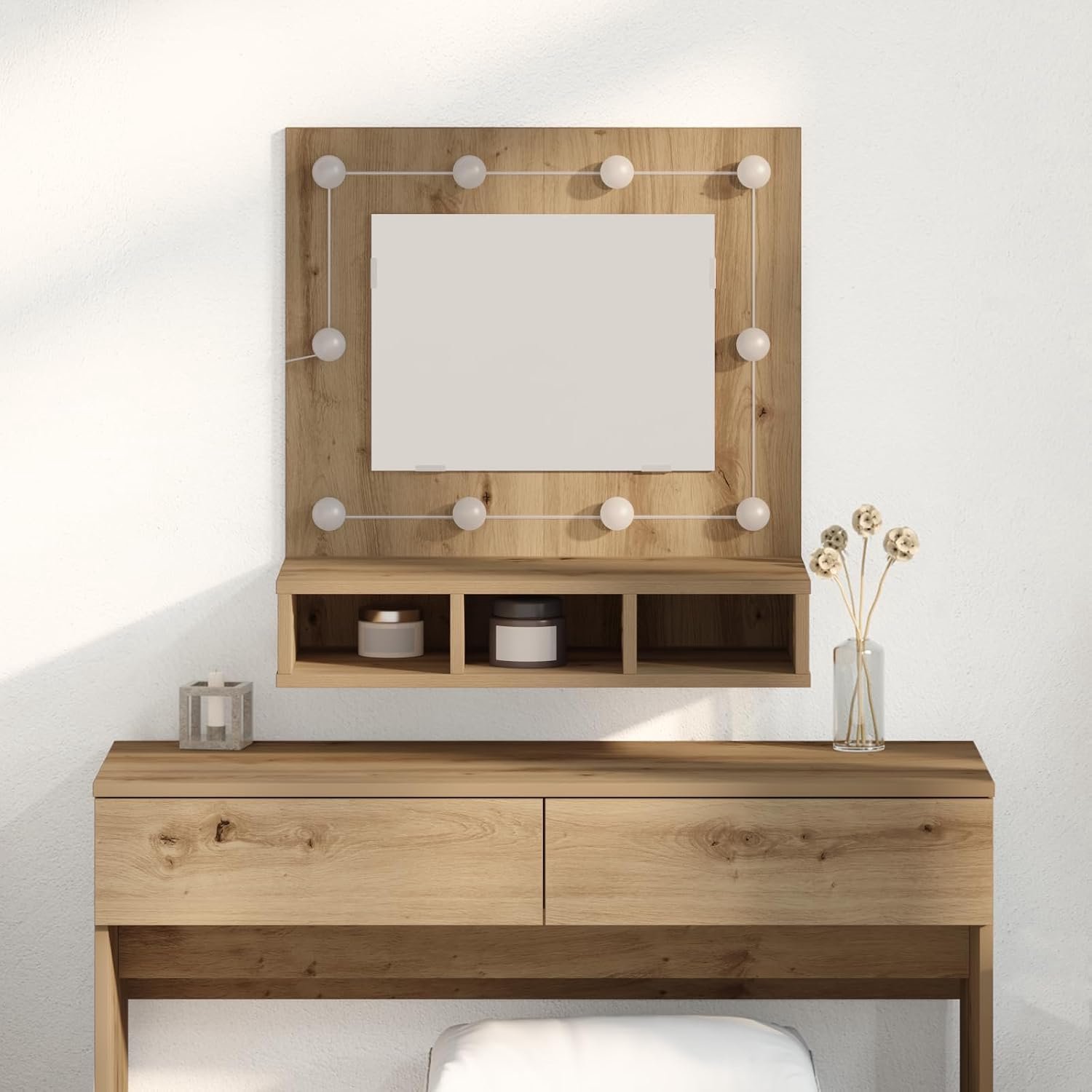 Wastafel met Hollywood-verlichting en zwevende planken, 60 x 31,5 x 62 cm, MDF en glas, inclusief grote spiegel, voor stijlvolle badkameruitrusting
