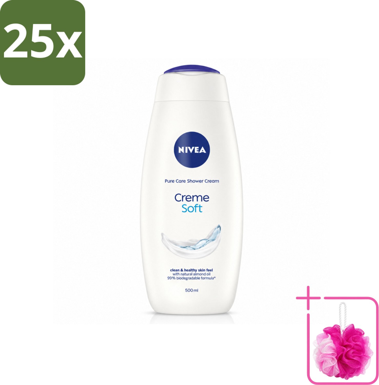 25 x NIVEA - Douchecrème - Zacht - Huidbeschermend - Amandelolie - 500 ml - Bulkverpakking - Douchecrème - Douchemop - Huid verzorgen